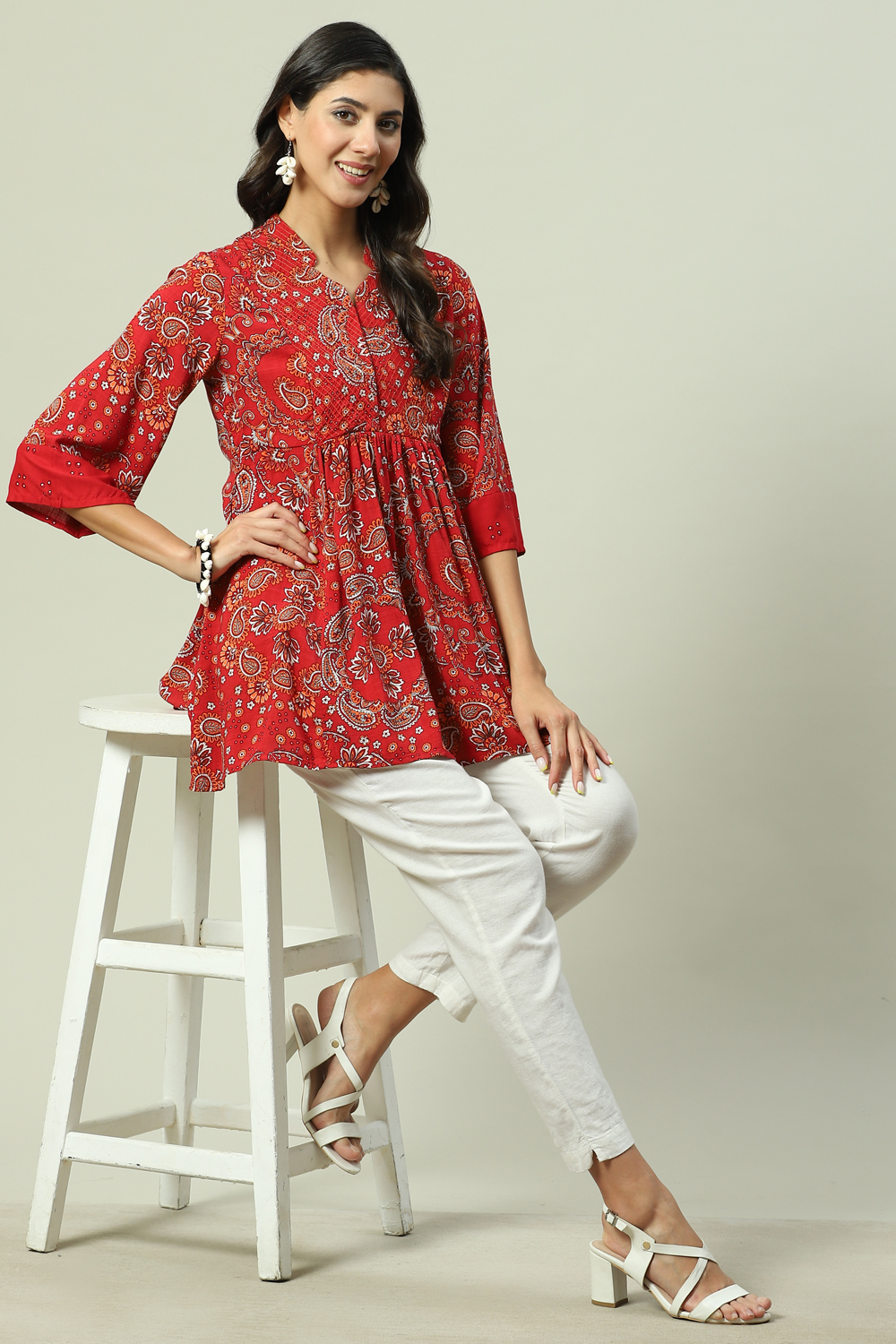 Red Rayon Flared Printed Kurti image number 5