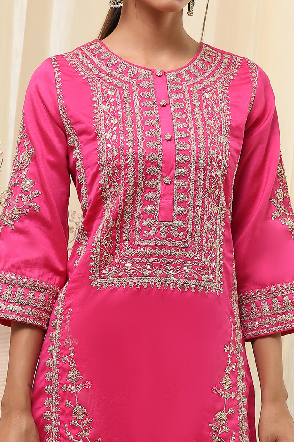 Fuchsia Cotton Silk Straight Suit Set image number 1