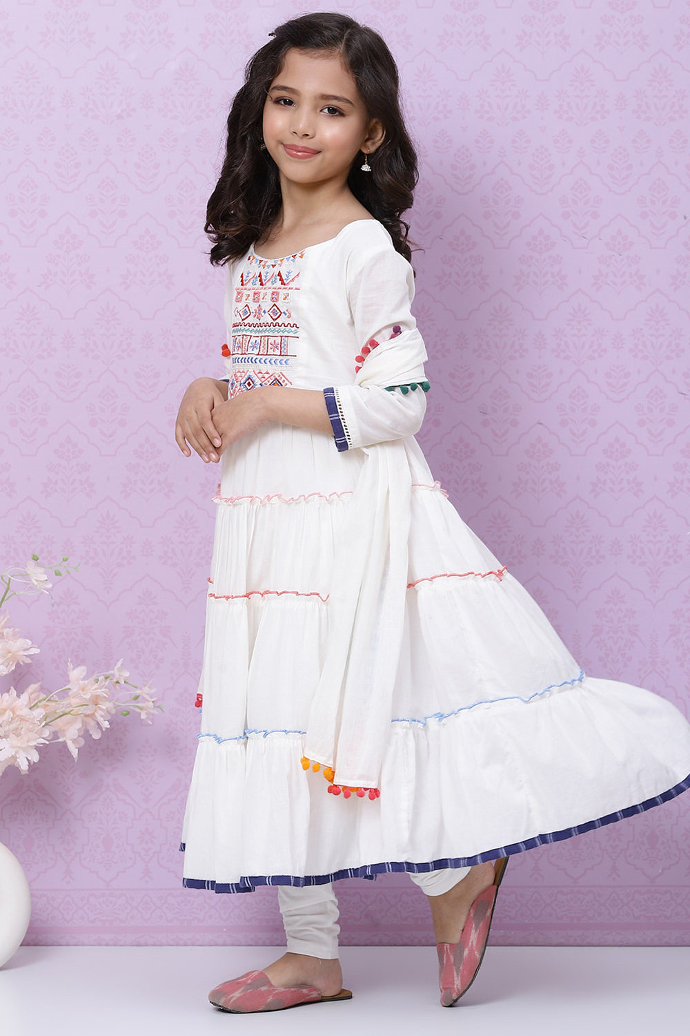 Off White Cotton Tiered Kurta Churidar Suit Set image number 5