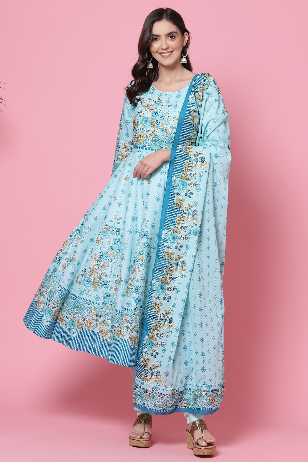Aqua Blue Cotton Anarkali Kurta Churidar Suit Set image number 0