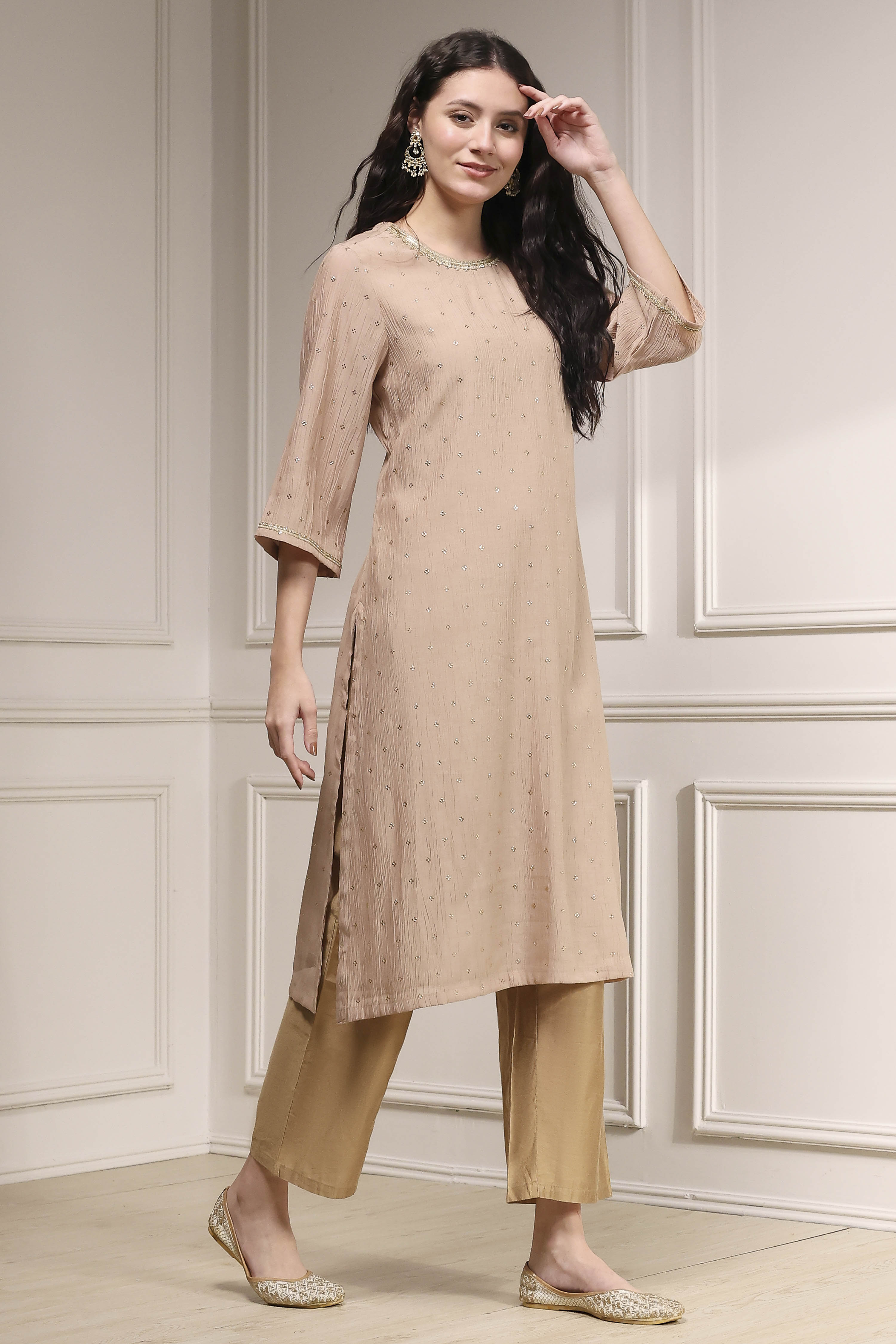 Nude-Toned Metallic Pattern Straight Kurta image number 0