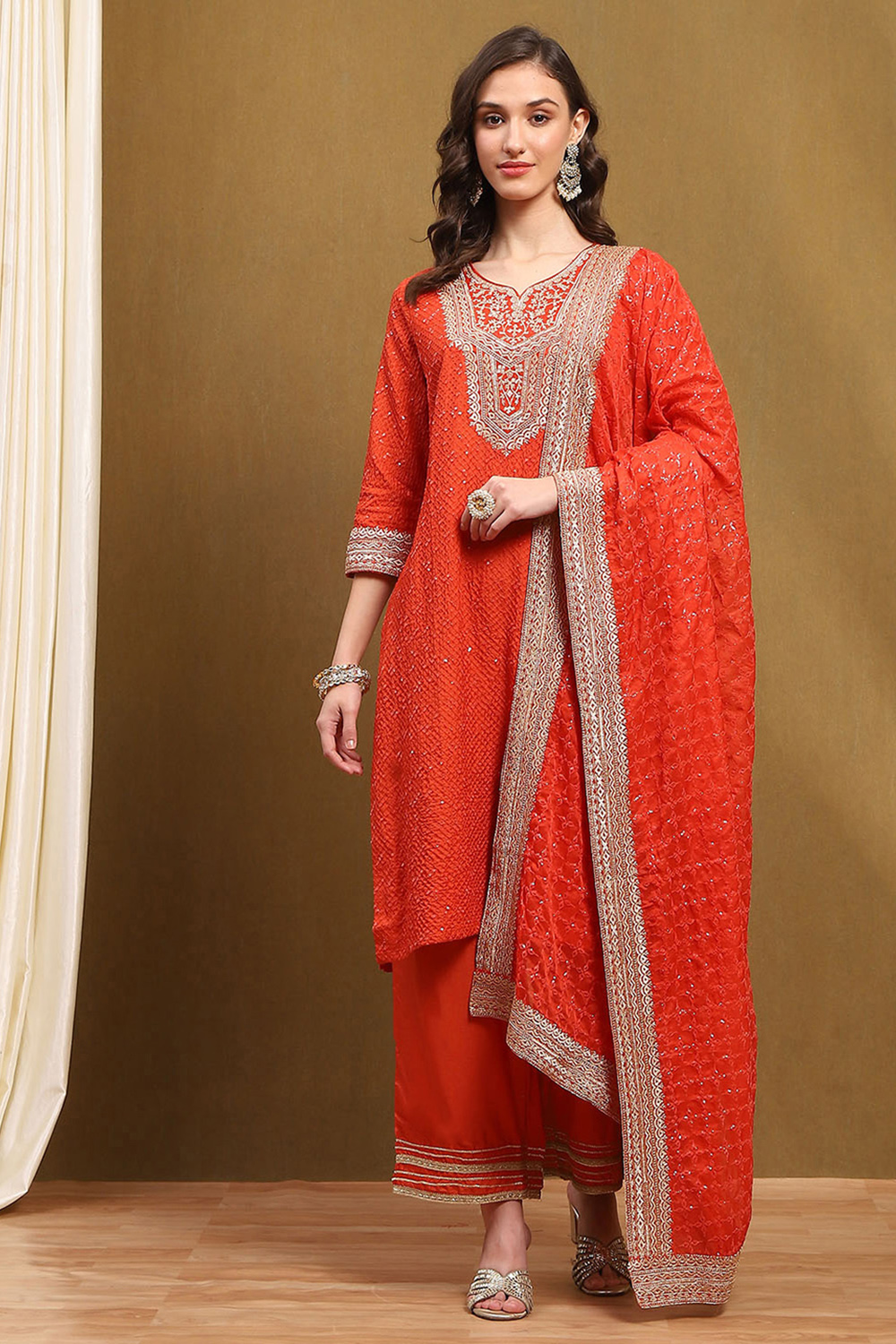Orange Silk Embroidered Festive Straight Suit Set image number 6