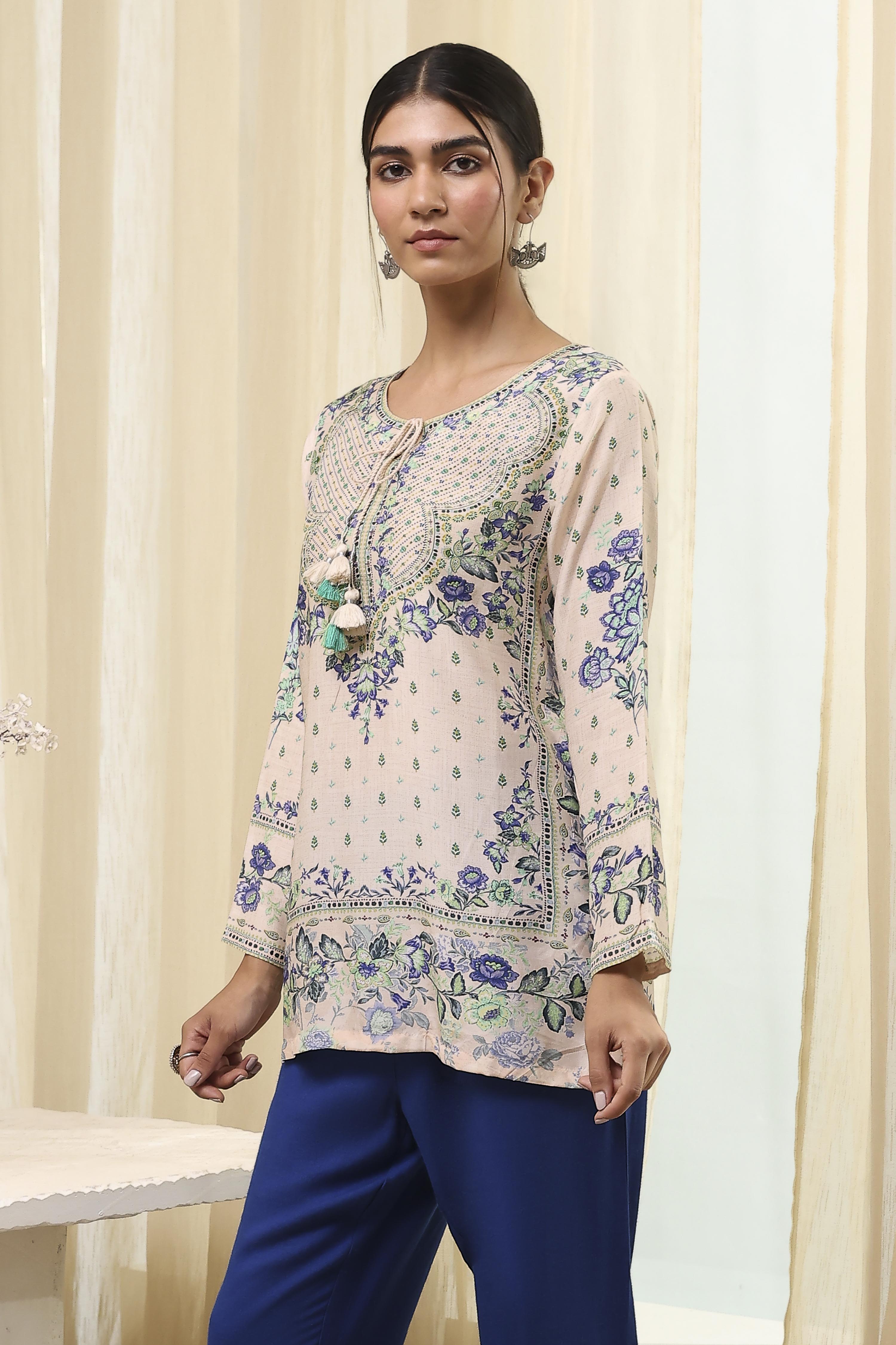 Off-White and Pink Modal Blend Straight Short Kurta image number 2