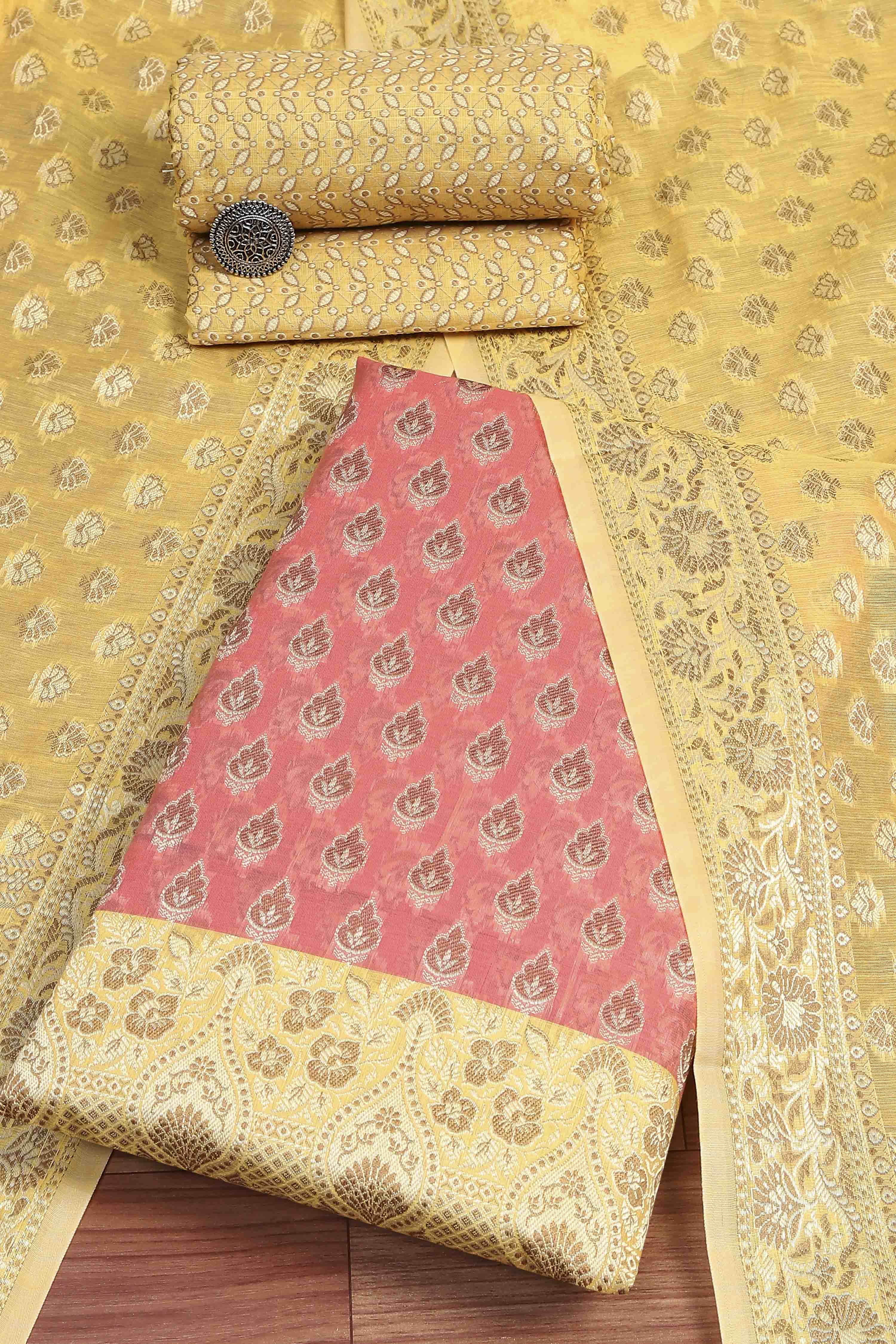 Mustard Poly Cotton Banarasi Unstitched Suit Set image number 0