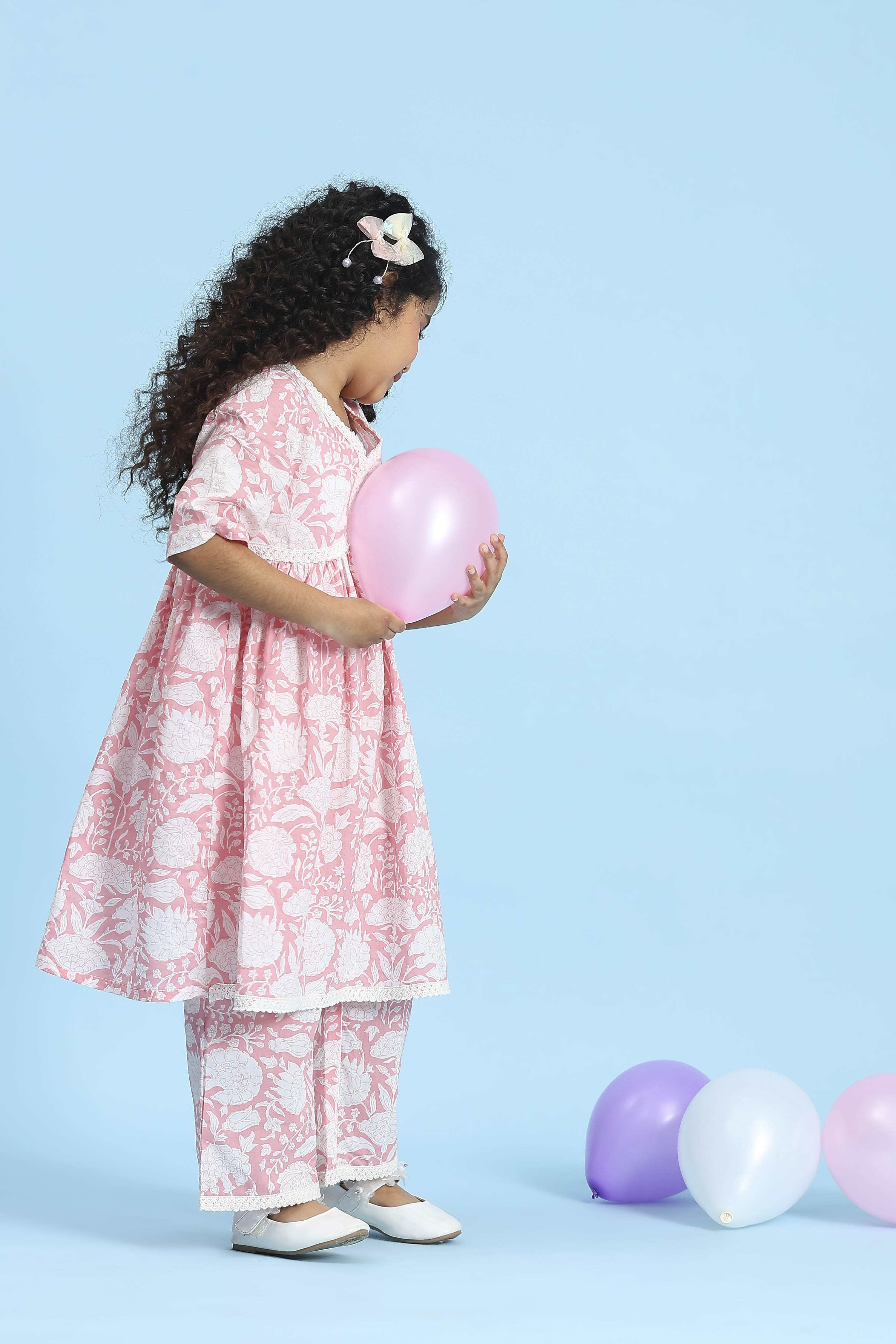 Blush Pink Cotton Printed Gathered Kurta Set image number 5