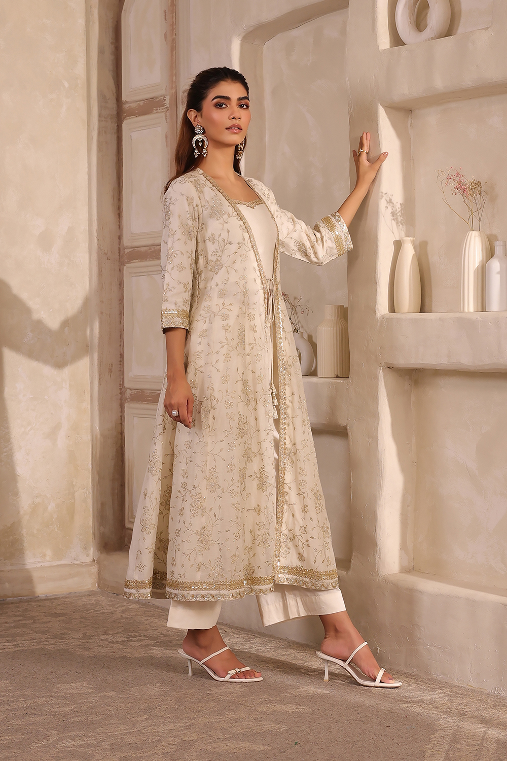 Natural White Embroidered Anarkali Fusion Set image number 5