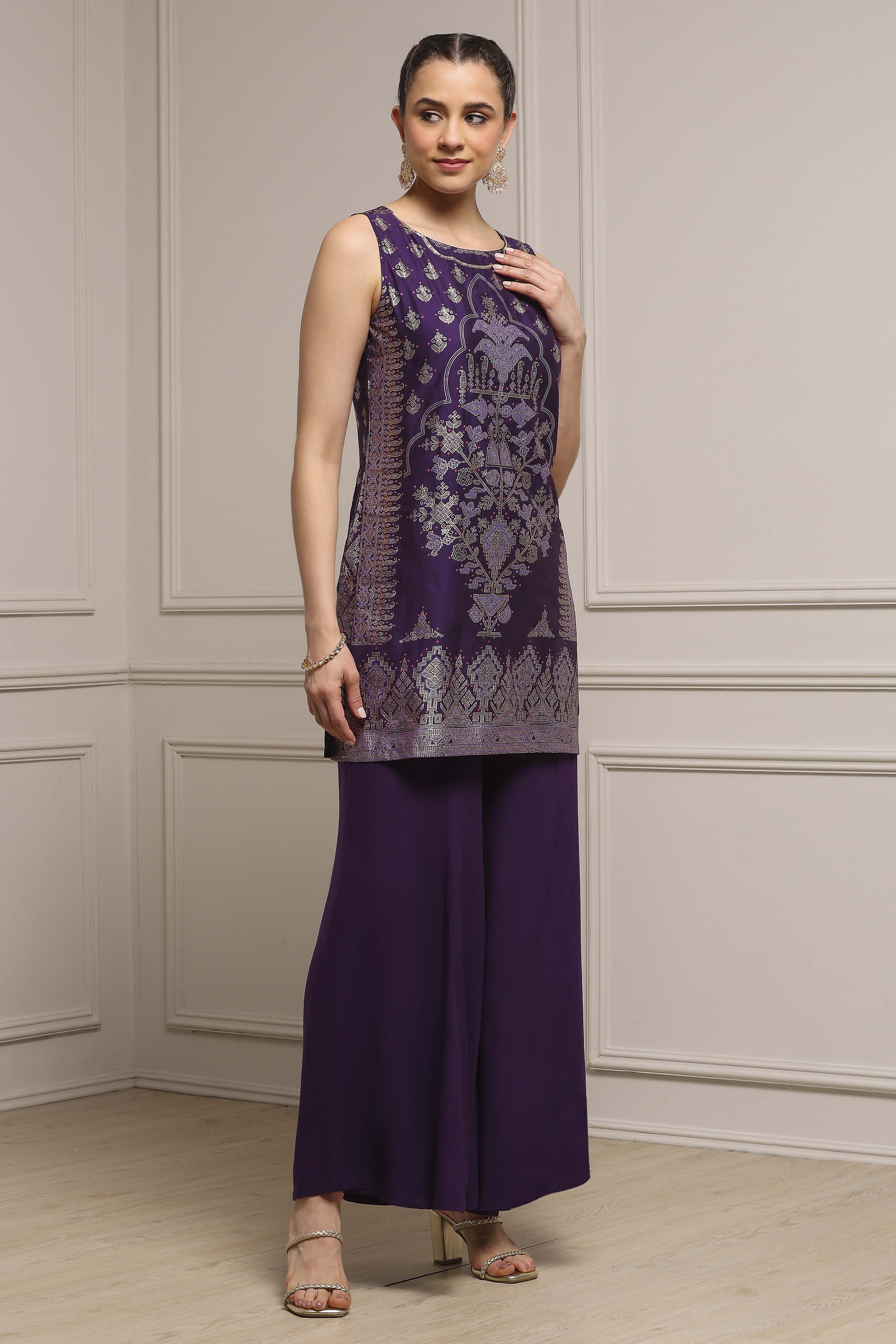 Purple Viscose Blend Straight Printed Kurta Pants Set image number 5