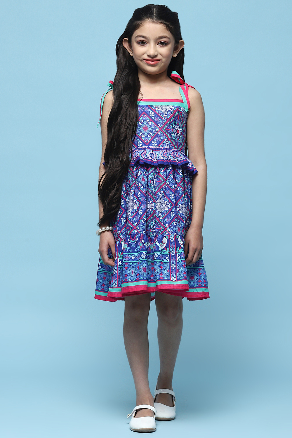 Blue Mosaic Printed Cotton Shoulder Tie Up Dress image number 5