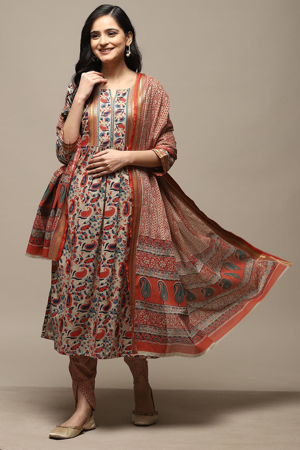 Red Cotton Hand Block Print Unstitched Suit Set image number 1
