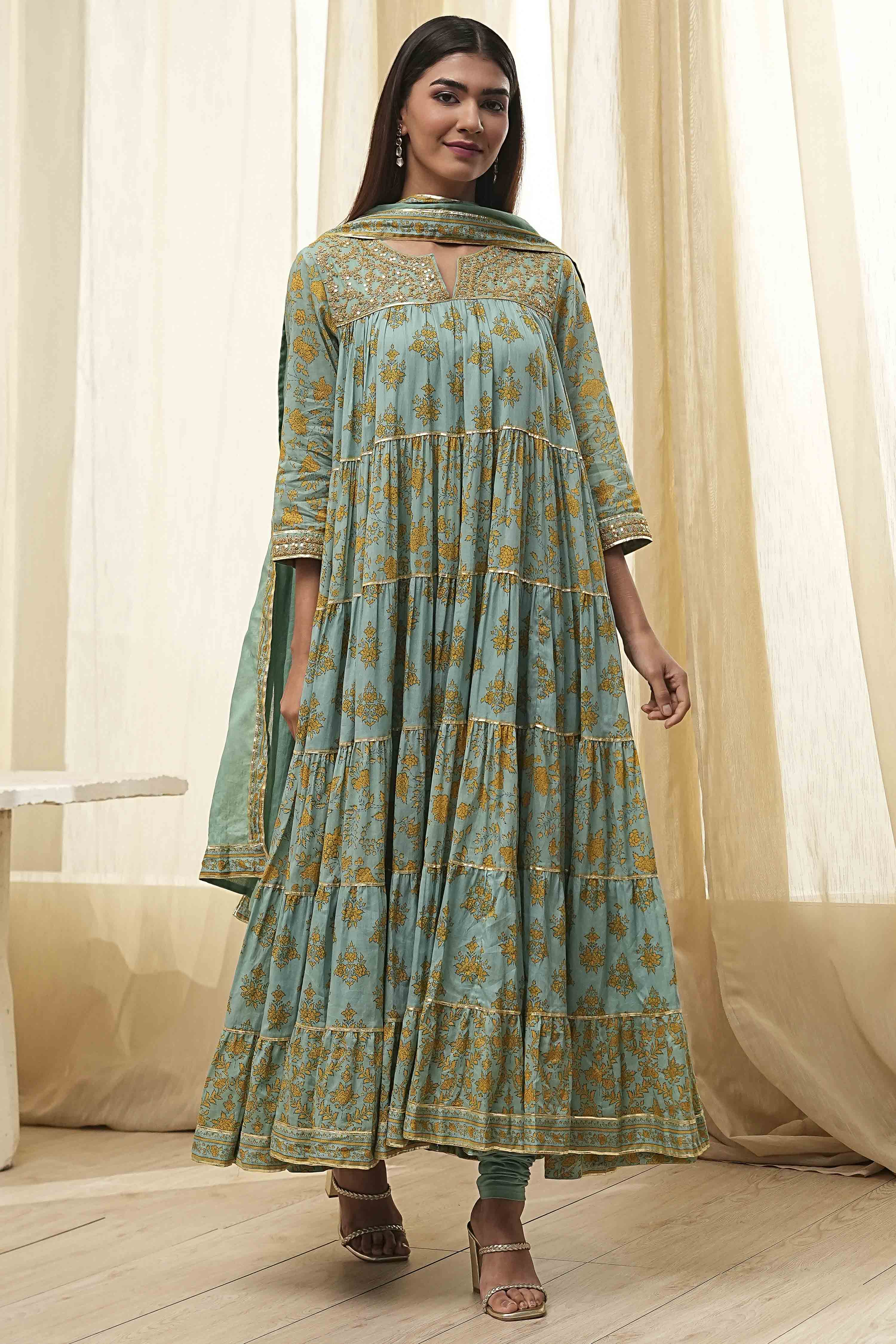 Off-White and Pink Cotton Floral Tiered Suit Set image number 6