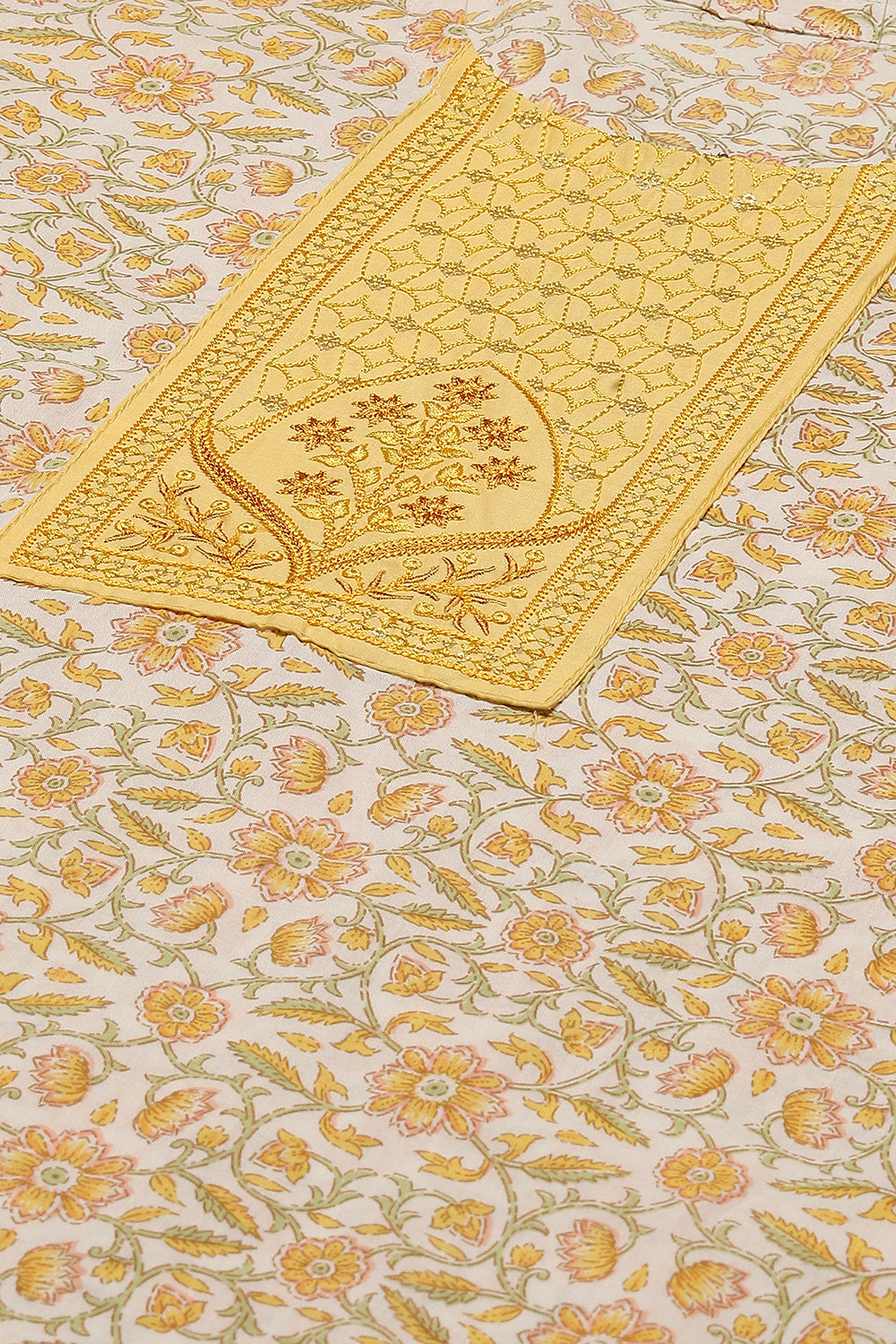 Yellow Cotton Handloom Unstitched Suit Set image number 6