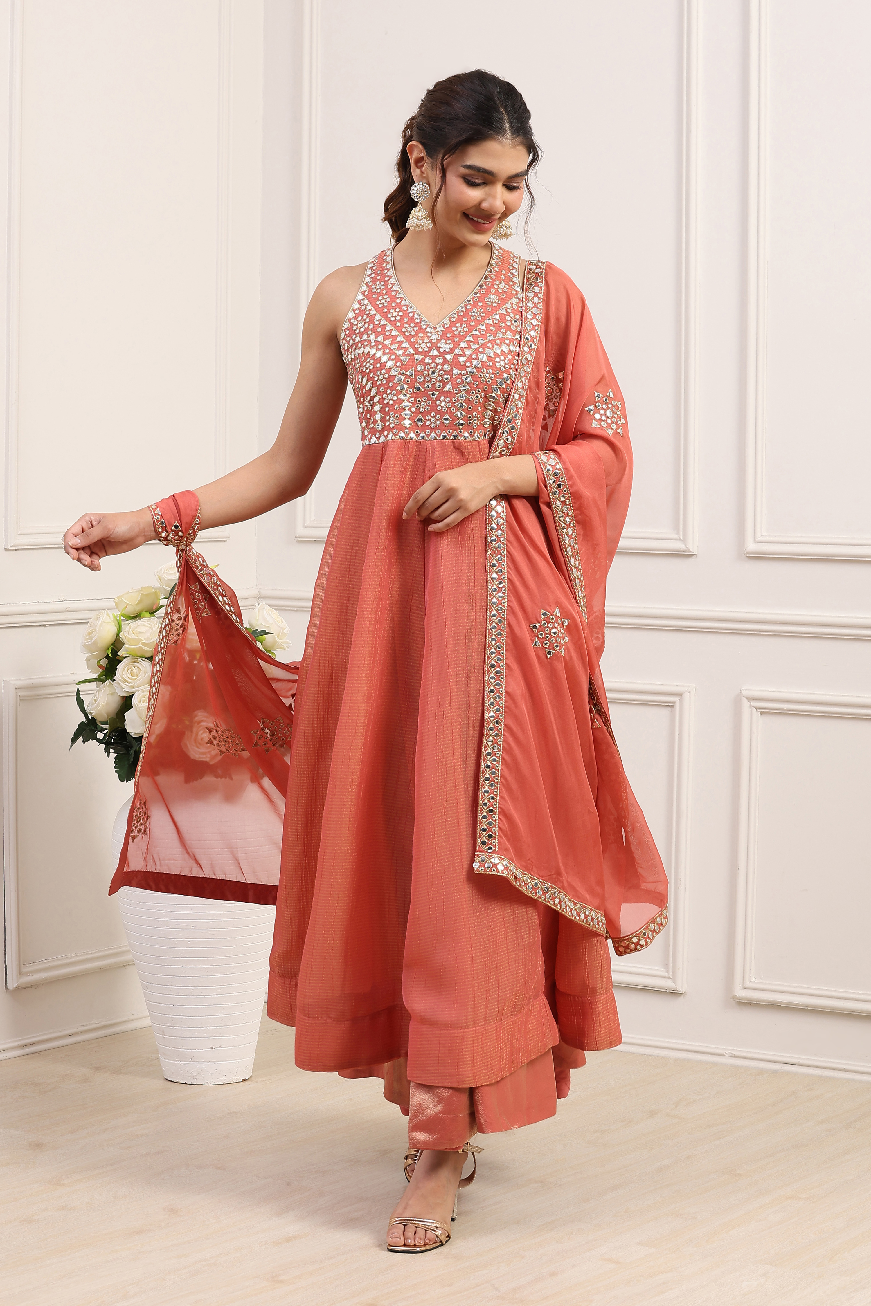 Coral Pink Poly Tissue Mirror Work Anarkali Dress With Dupatta image number 5