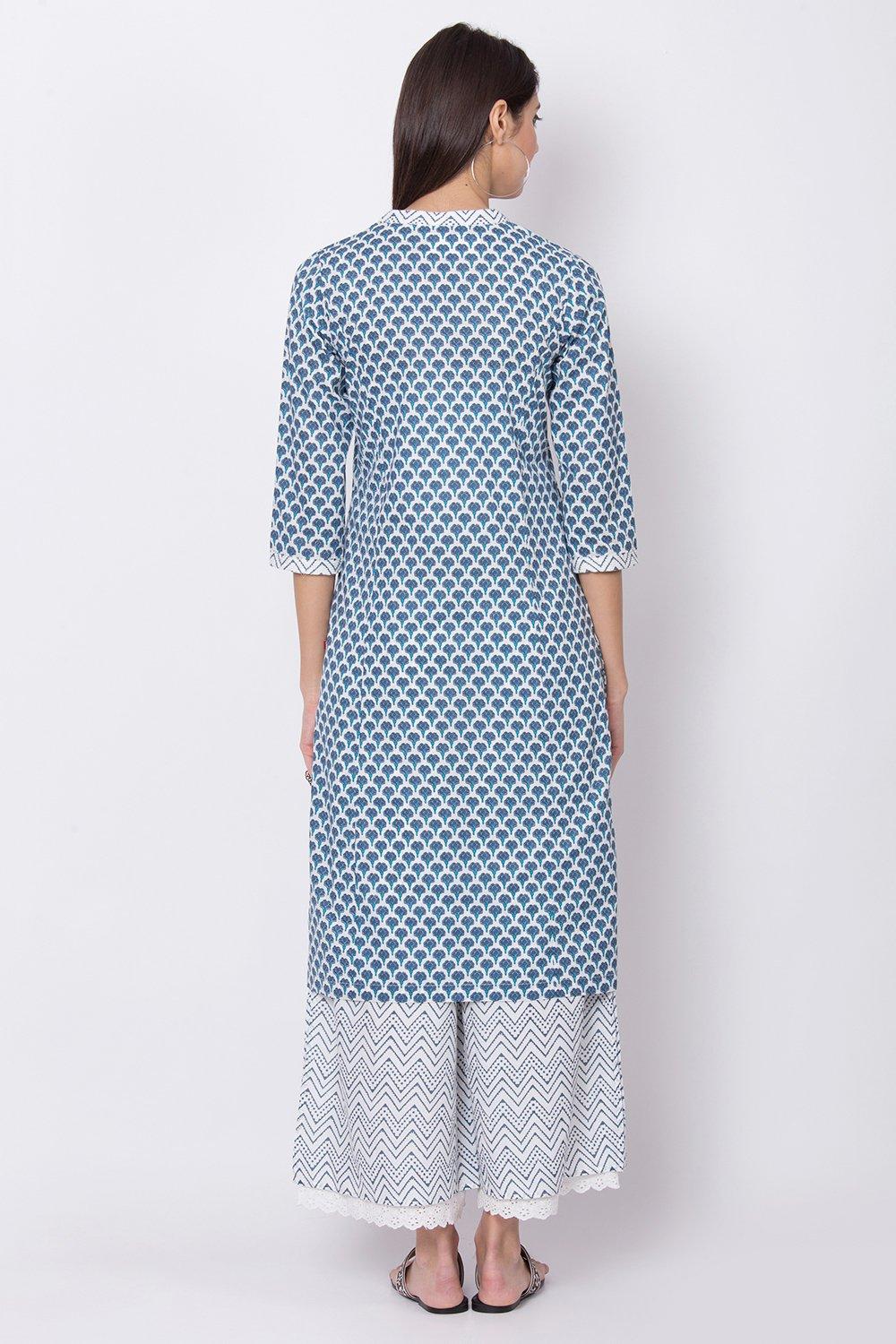 Blue Printed Straight Kurta Palazzo Suit Set image number 4