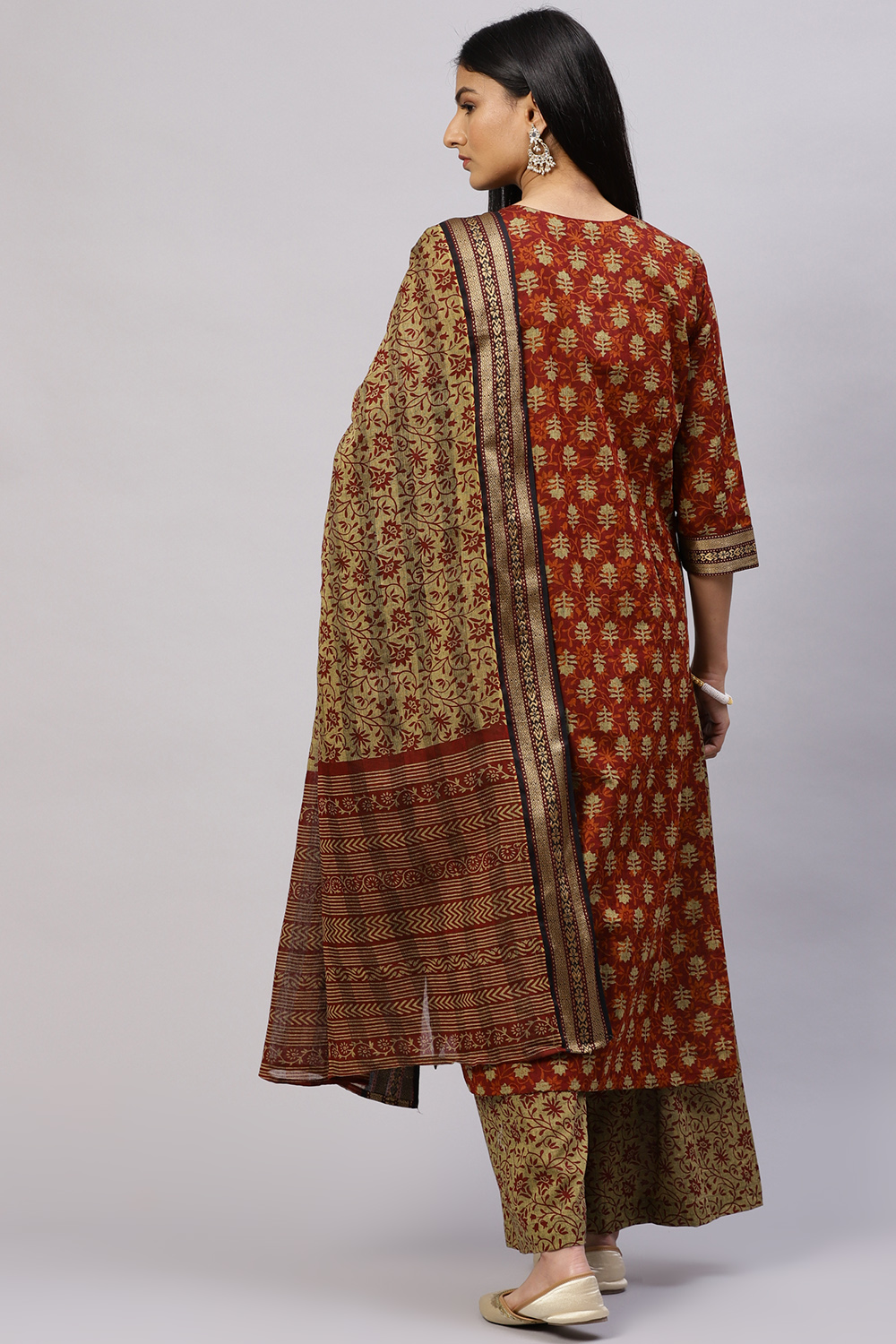 Red Cotton Woven Unstitched Suit Set image number 4