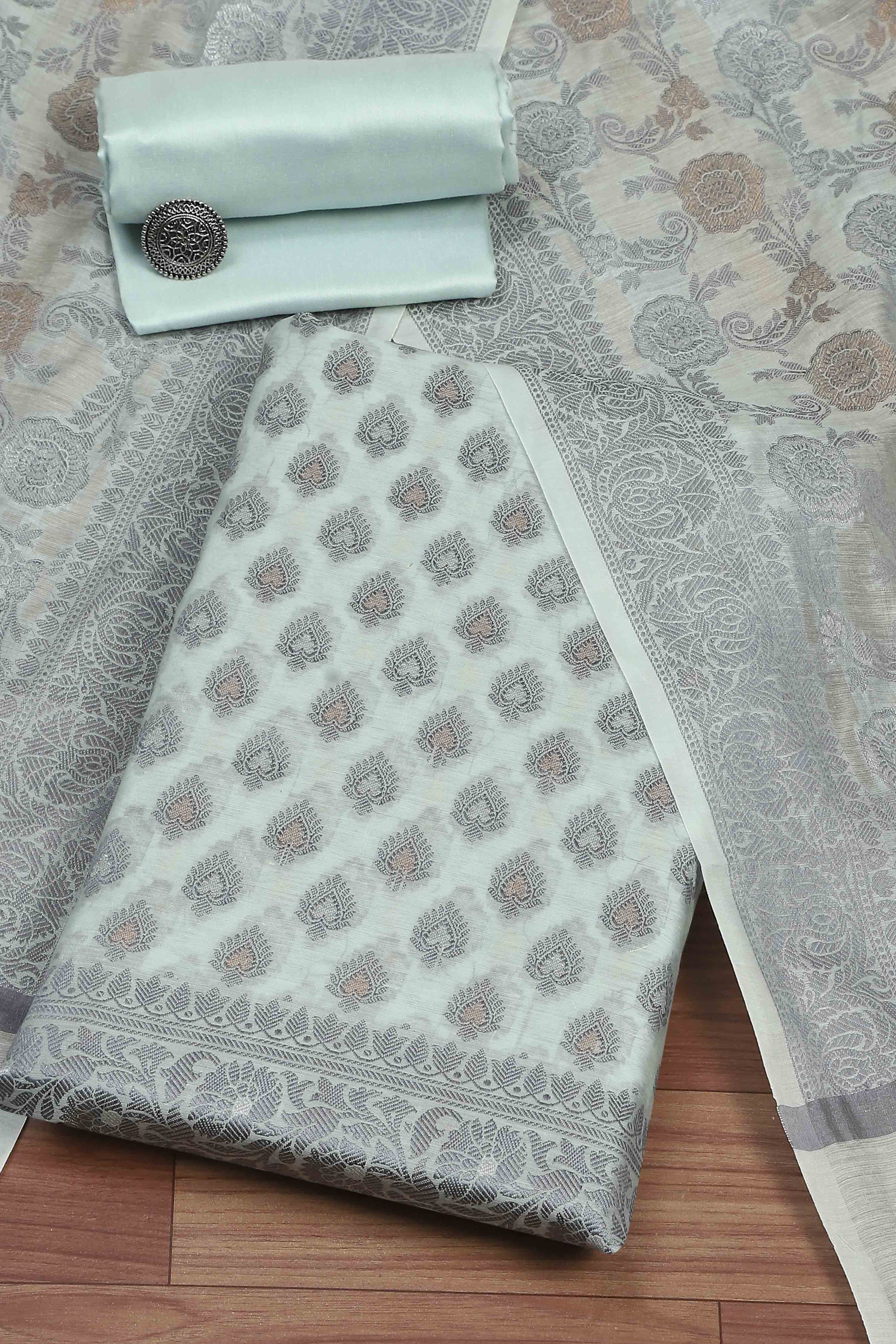 Beige Cotton Printed Embroidered Unstitched Suit Set image number 0