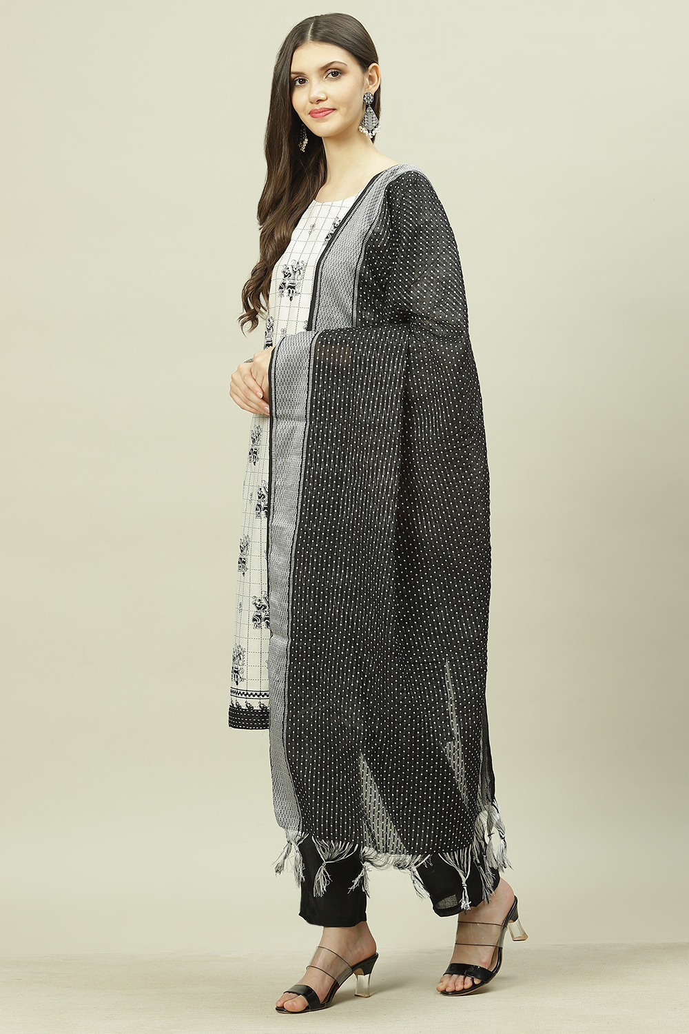 White Cotton Machine Embroidered Unstitched Suit Set image number 5