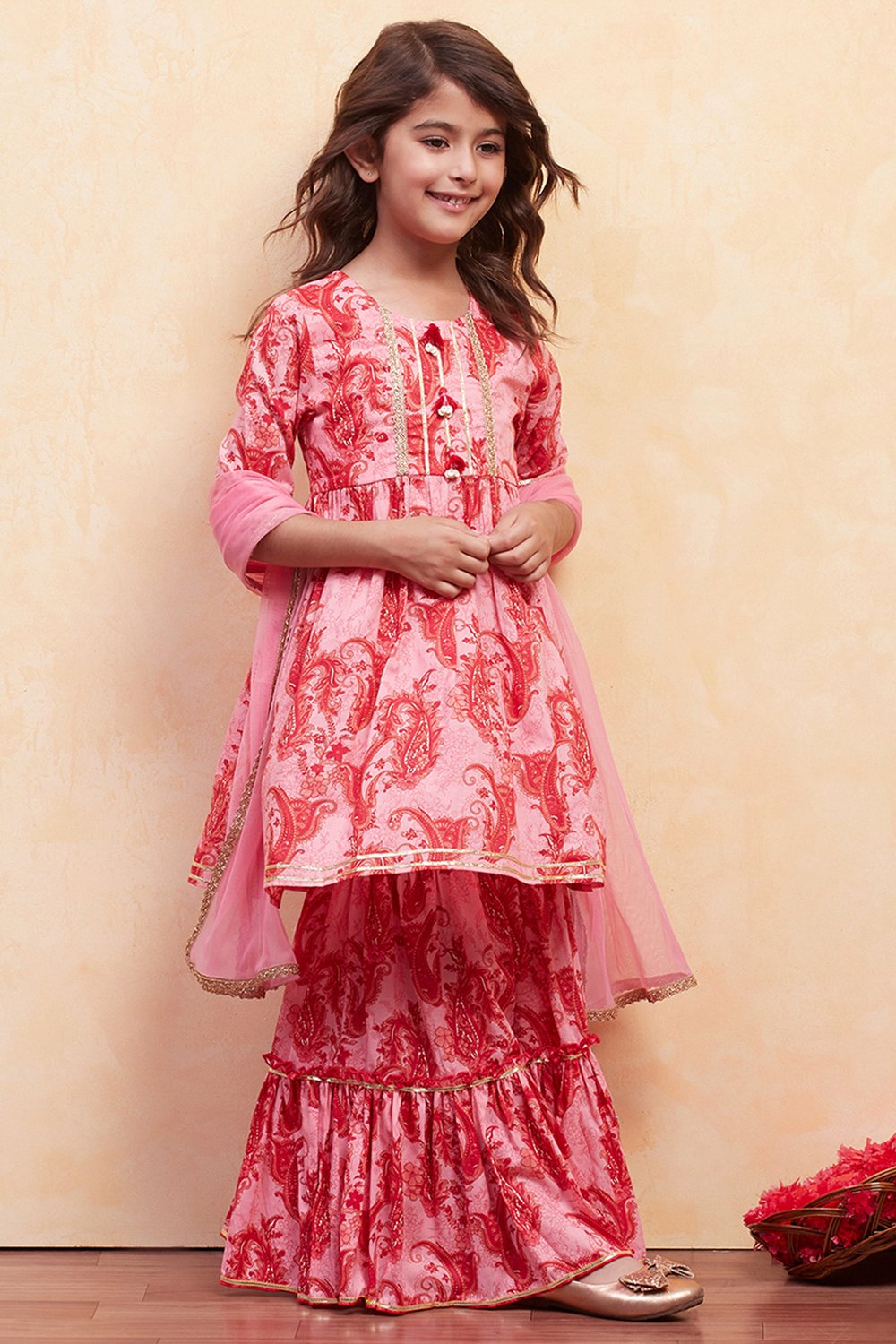 Pink Cotton Printed Gathered Suit Set image number 0