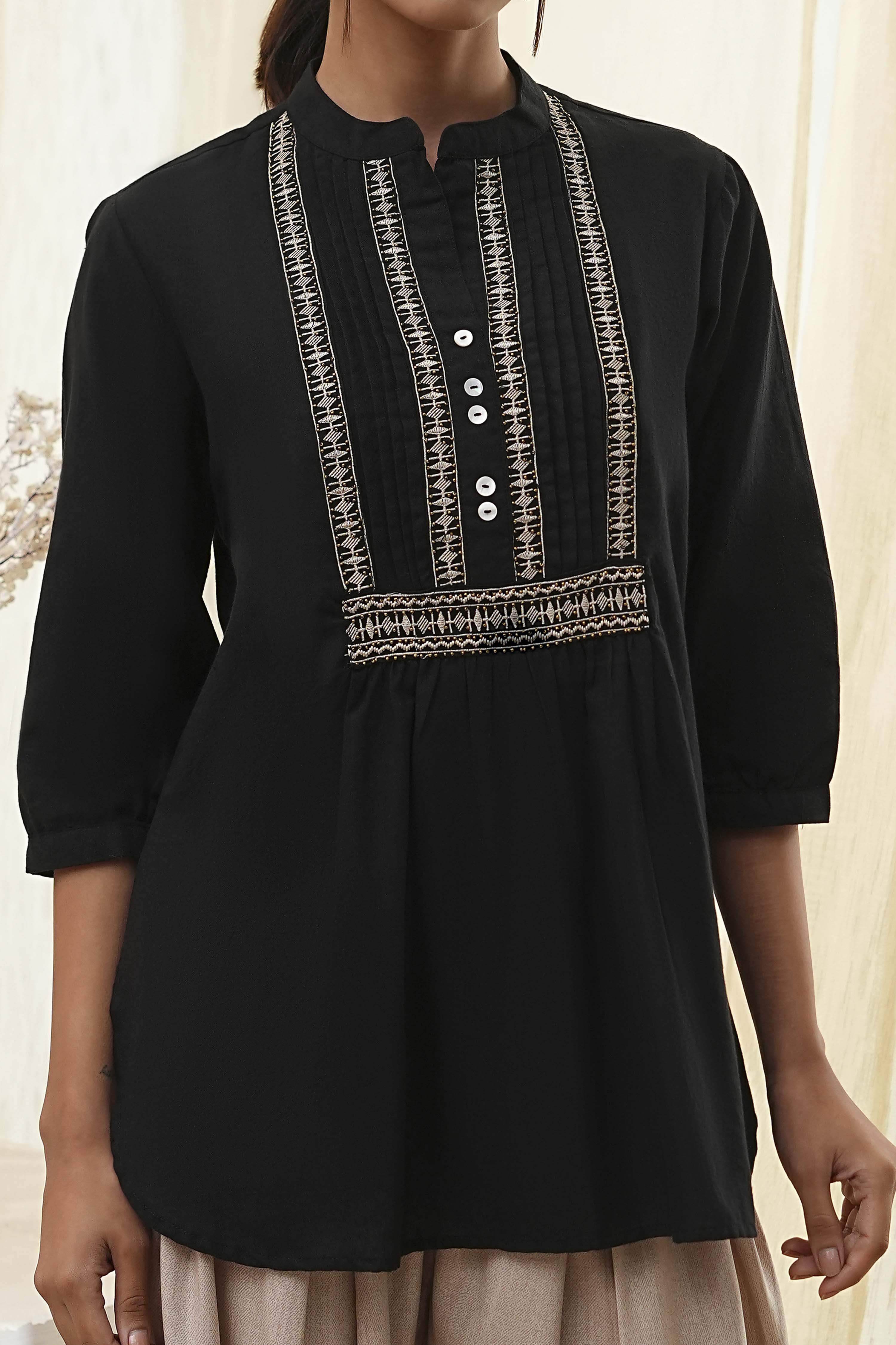 Black Cotton Yarn-Dyed Short Straight Kurta image number 1