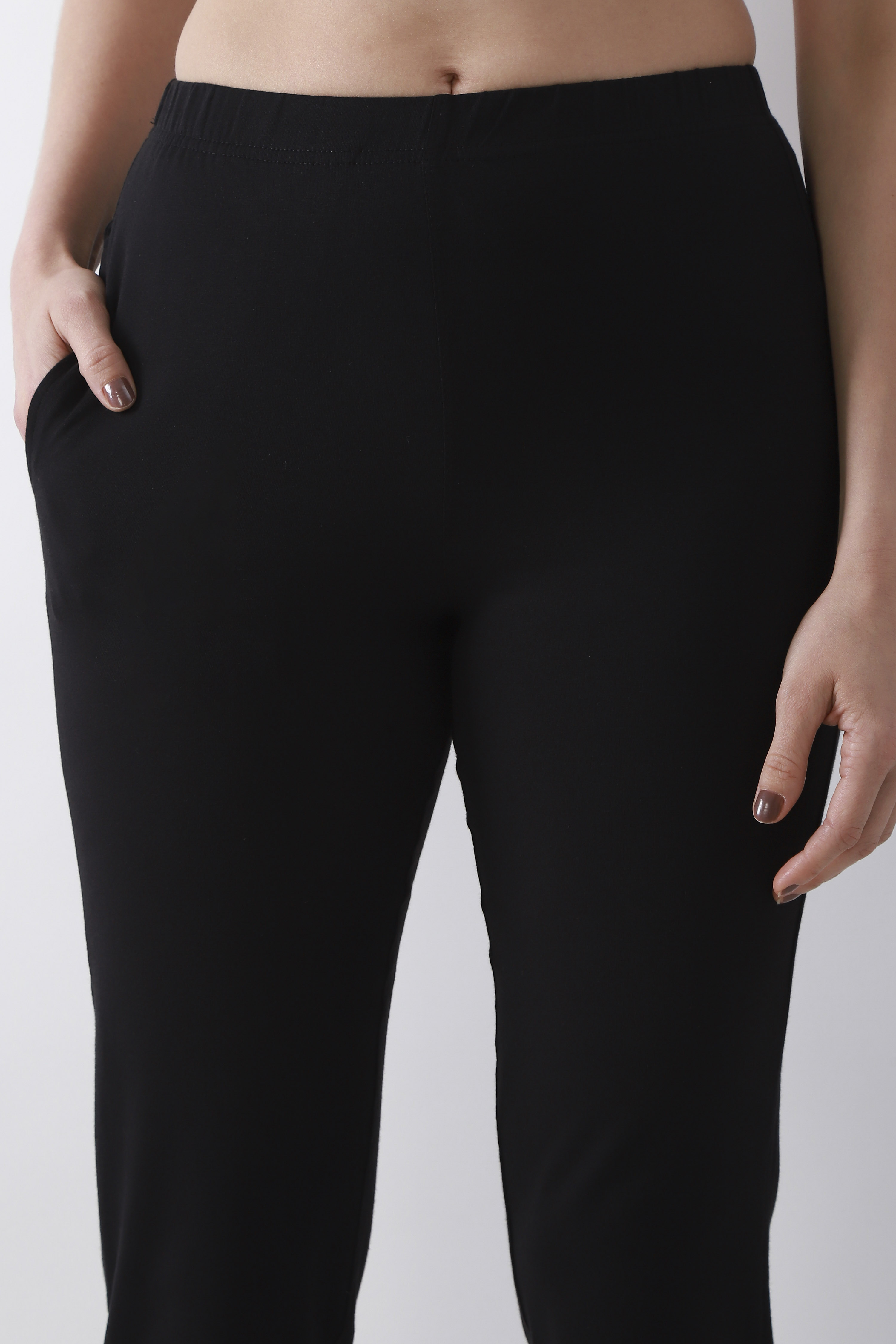 Navy Blue Solid Cotton Lycra Straight Pants image number 1