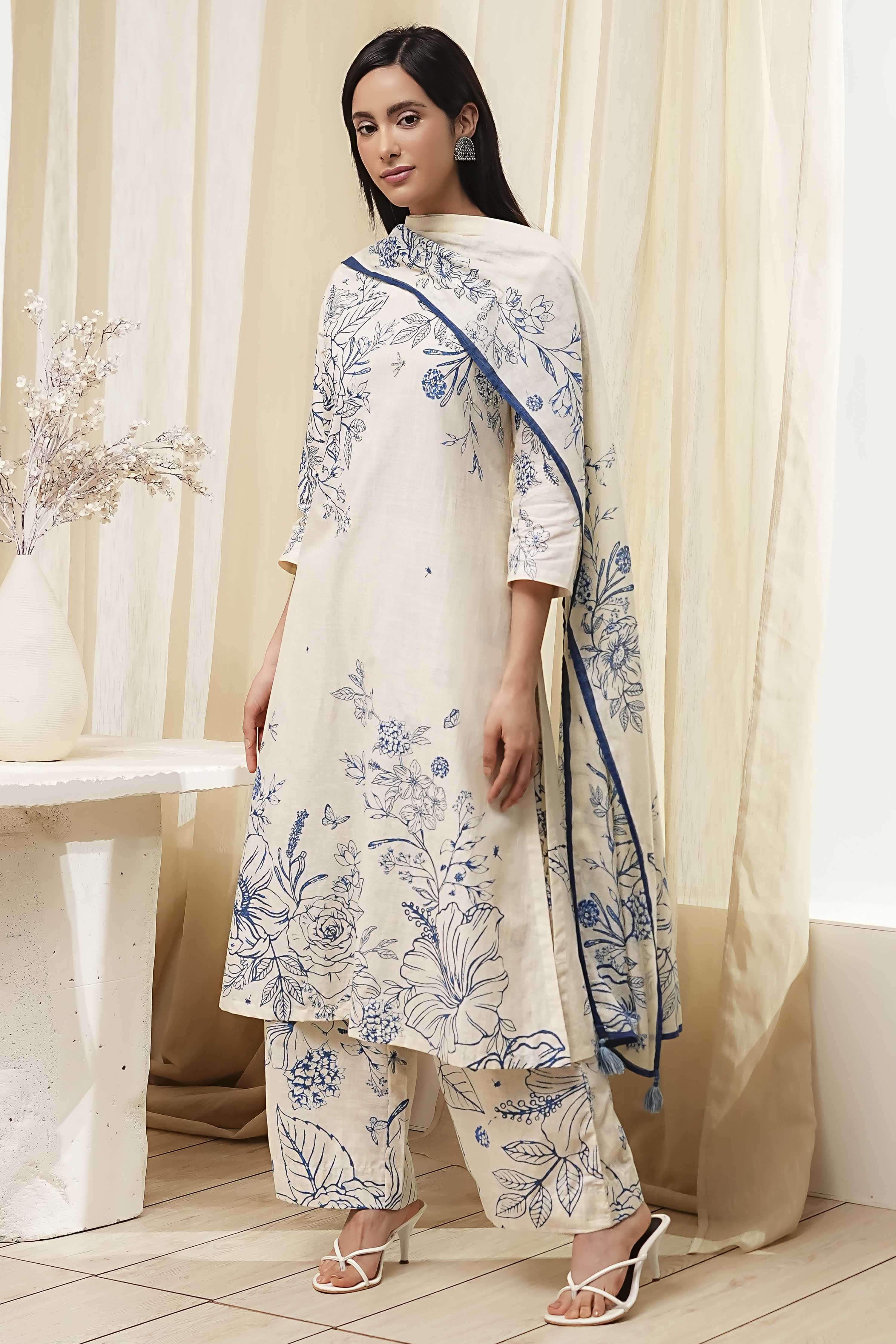 Off-White and Blue Cotton Straight Suit Set image number 3