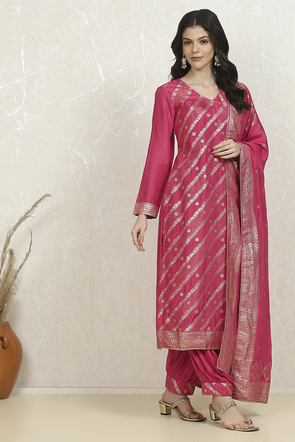 Pink Cotton Printed Embroidered Unstitched Suit Set image number 6
