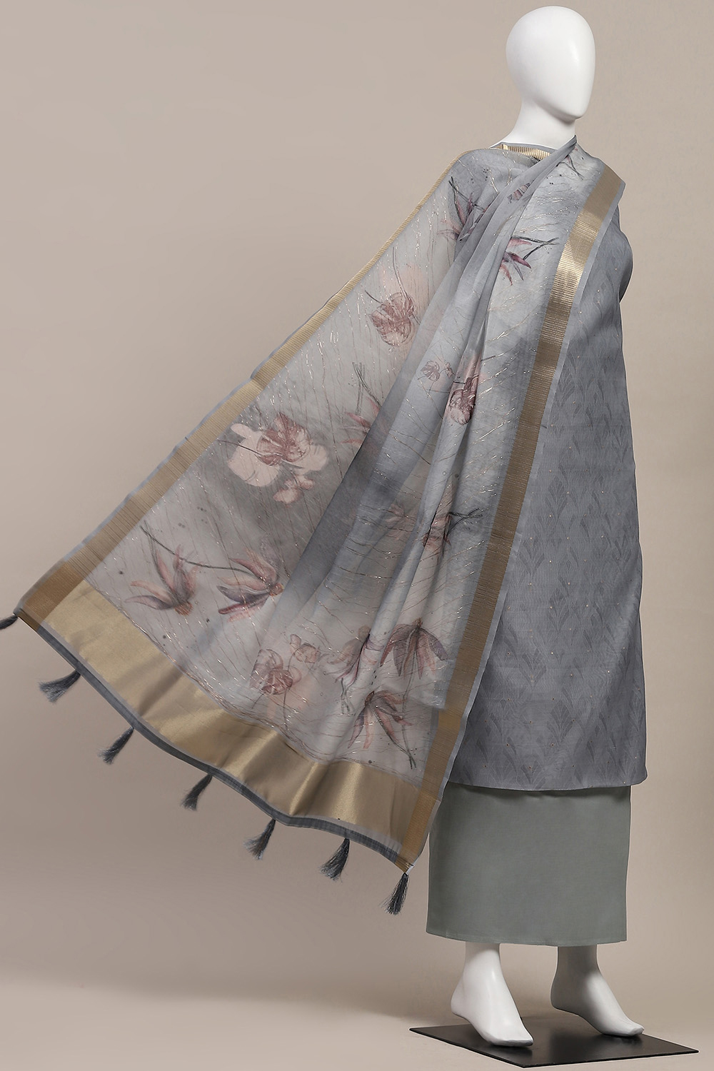 Mint Green Chanderi Double Dupatta Unstitched Suit Set image number 4