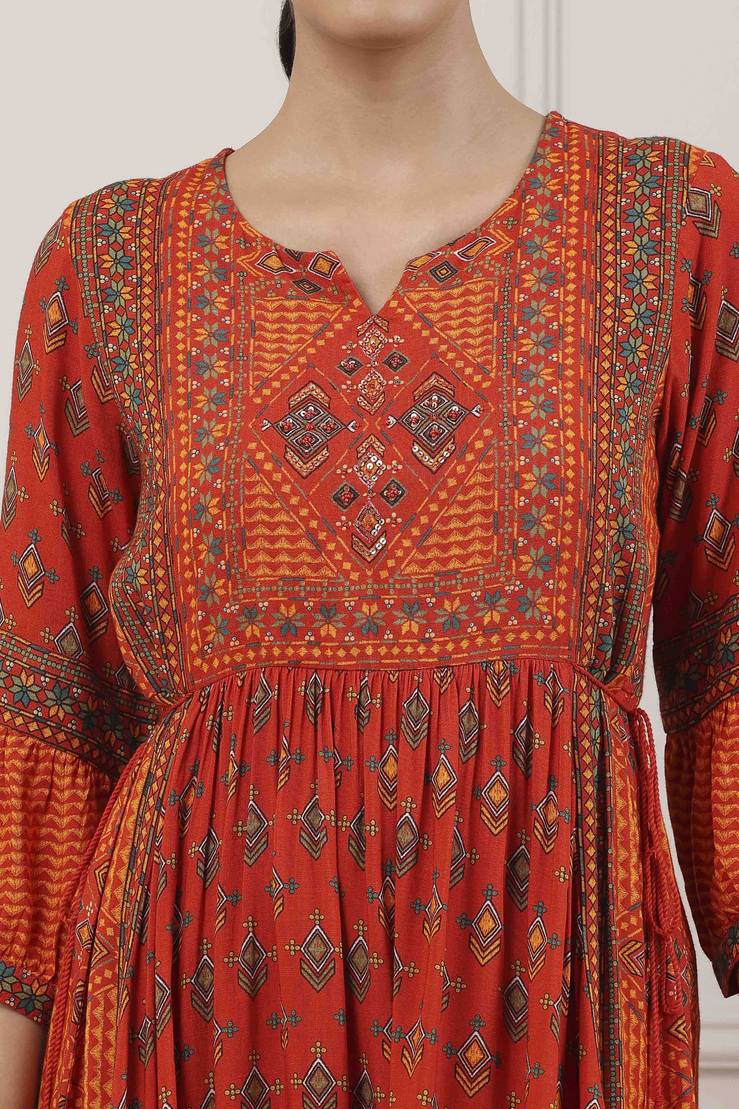 Rust Orange Ethnic Motif Printed Midi Dress image number 1