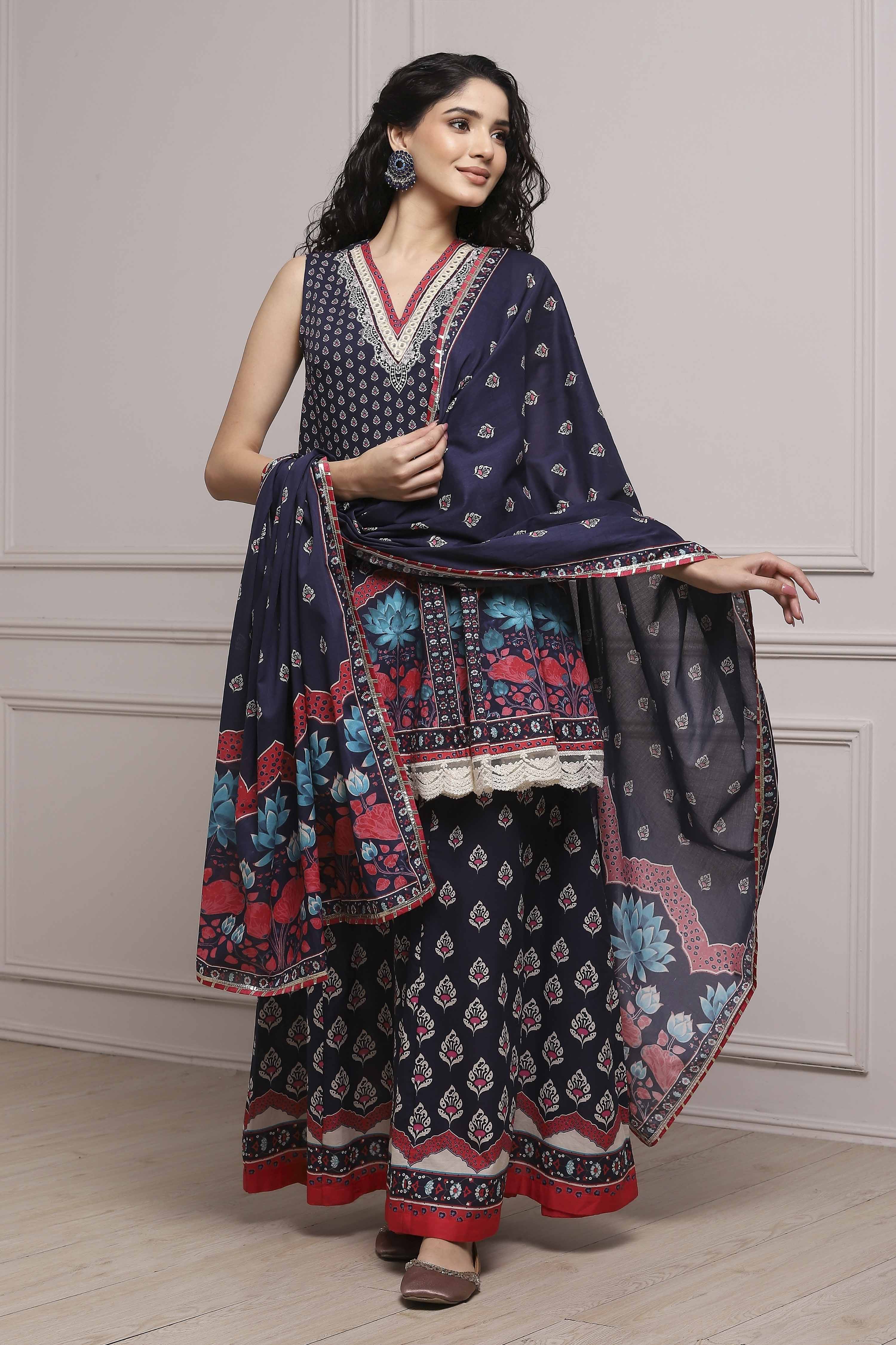 Off White/Blue Cotton Printed Sharara Suit Set image number 6