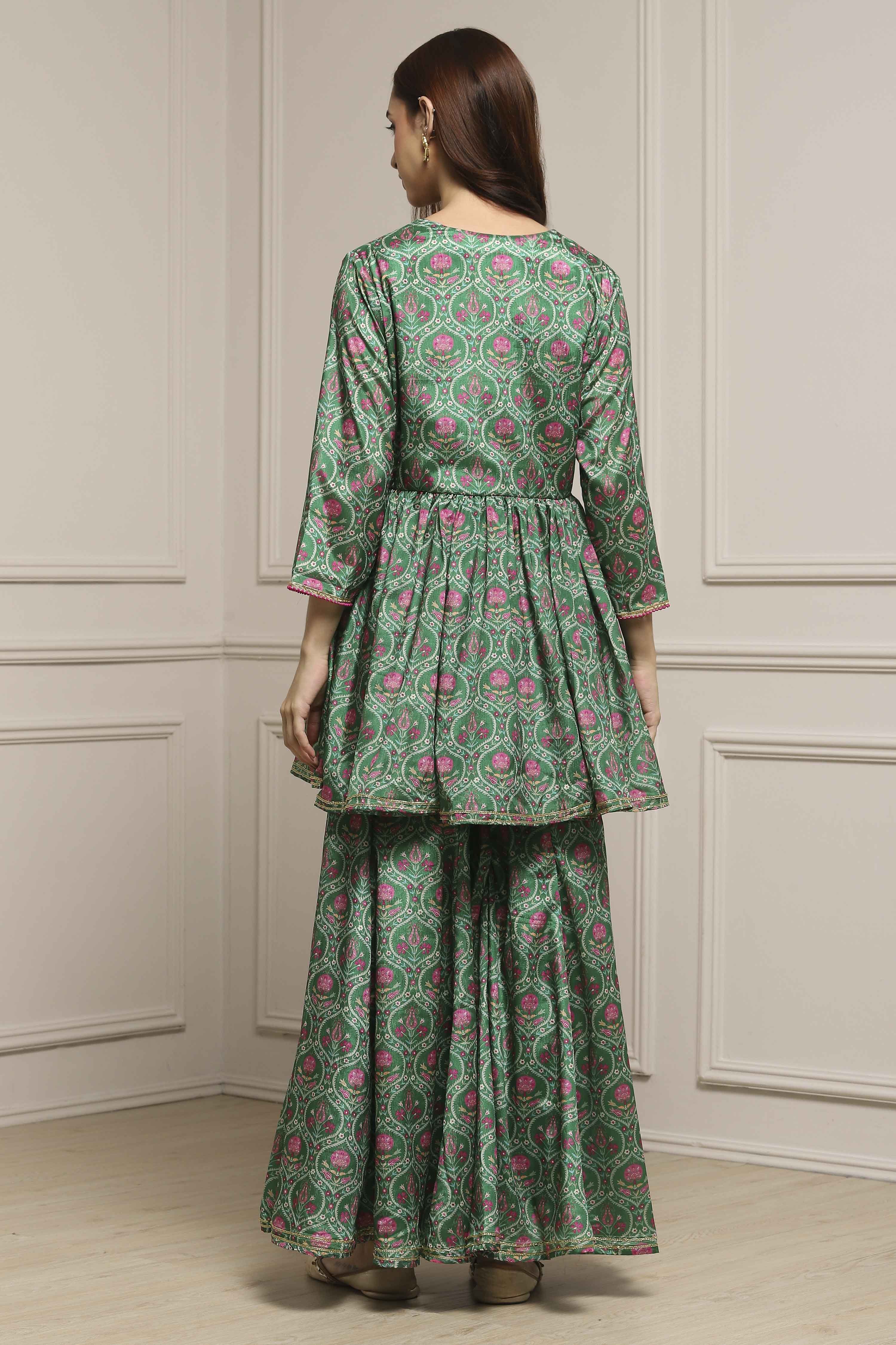 Green Art Silk Gathered Garara Set image number 4