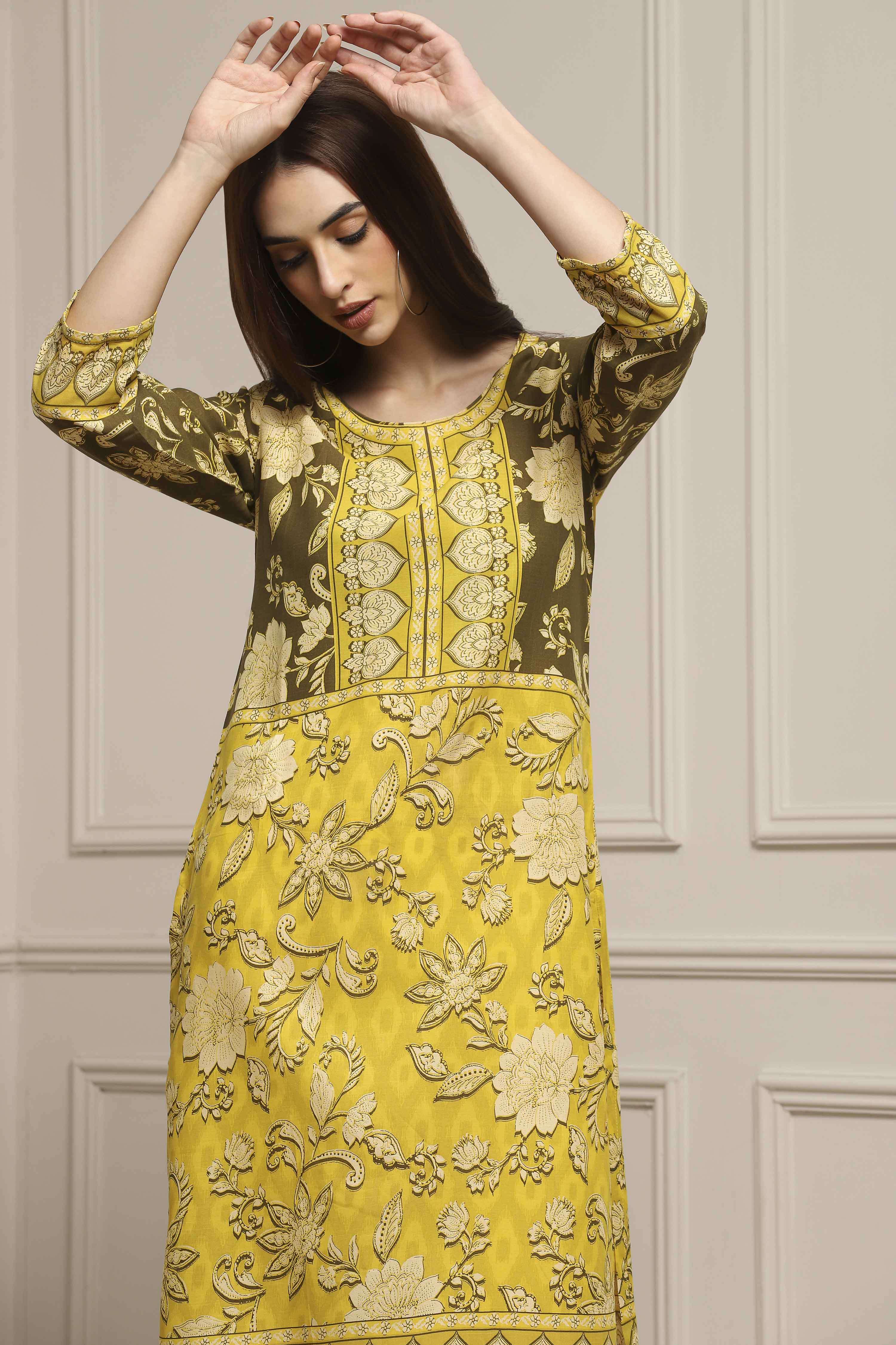 Olive Green LIVA Straight Printed Kurta image number 5