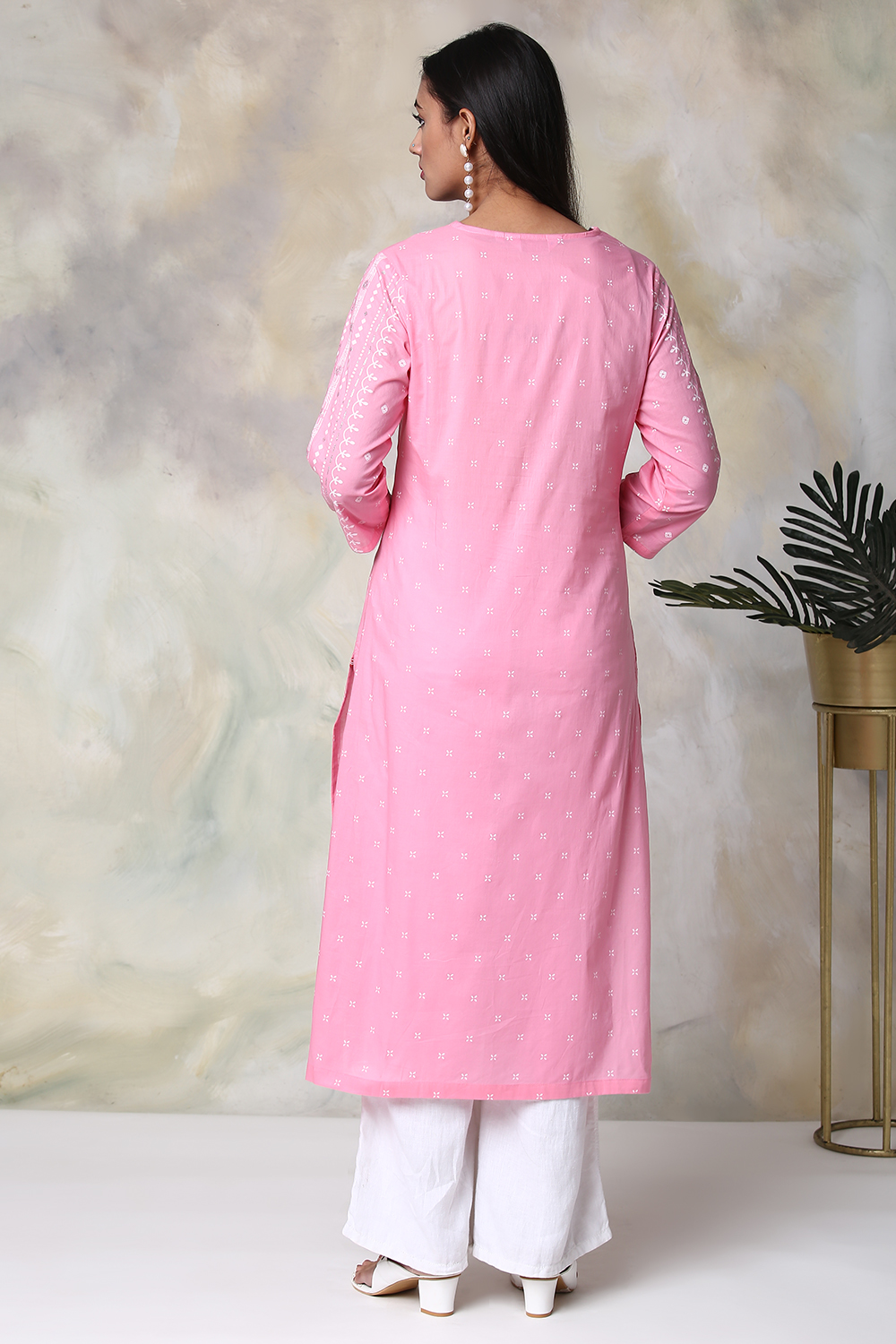 Pink Cotton Straight Printed Kurta image number 6
