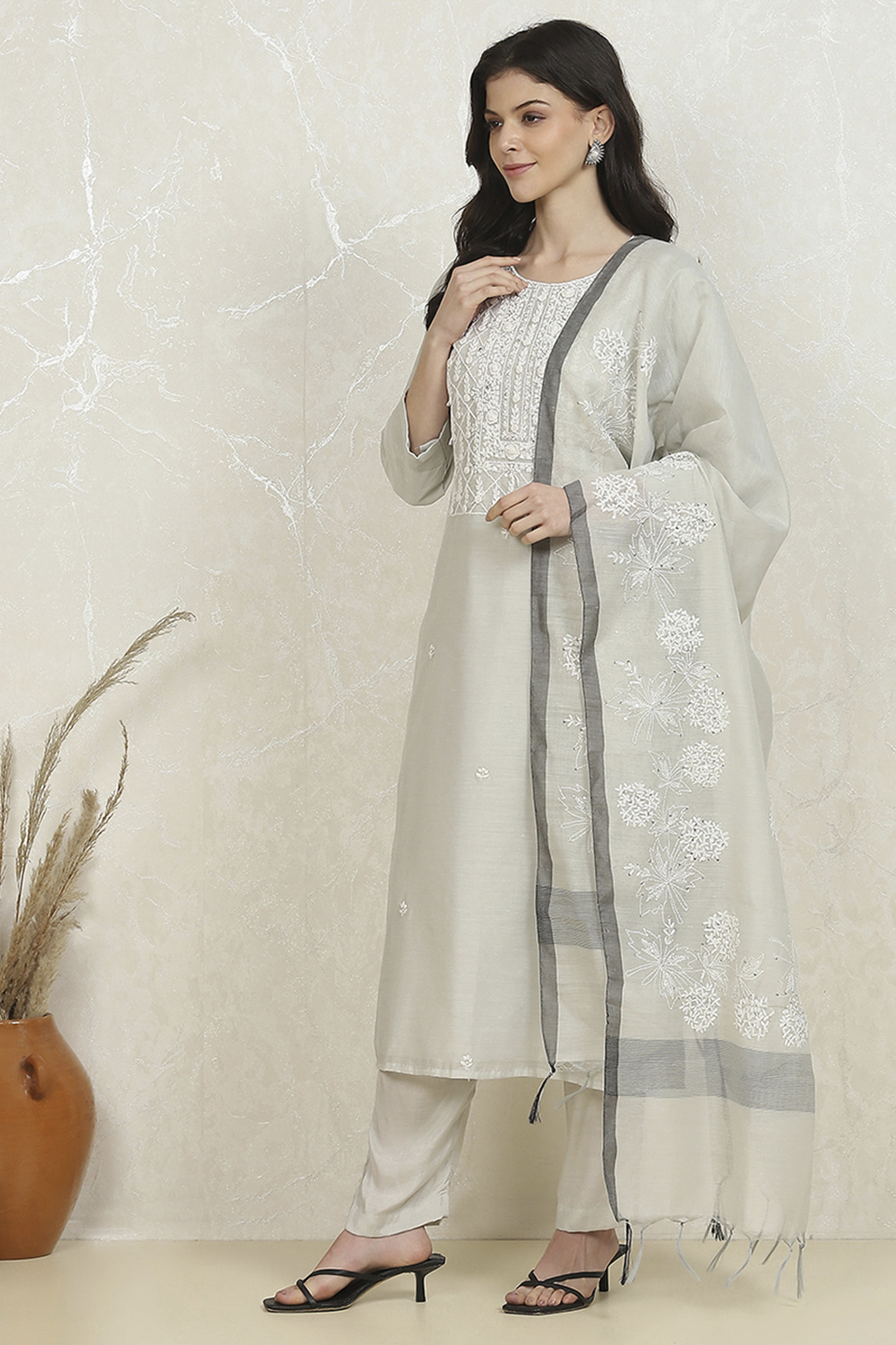 Grey Chanderi Machine Embroidered Unstitched Suit Set image number 4