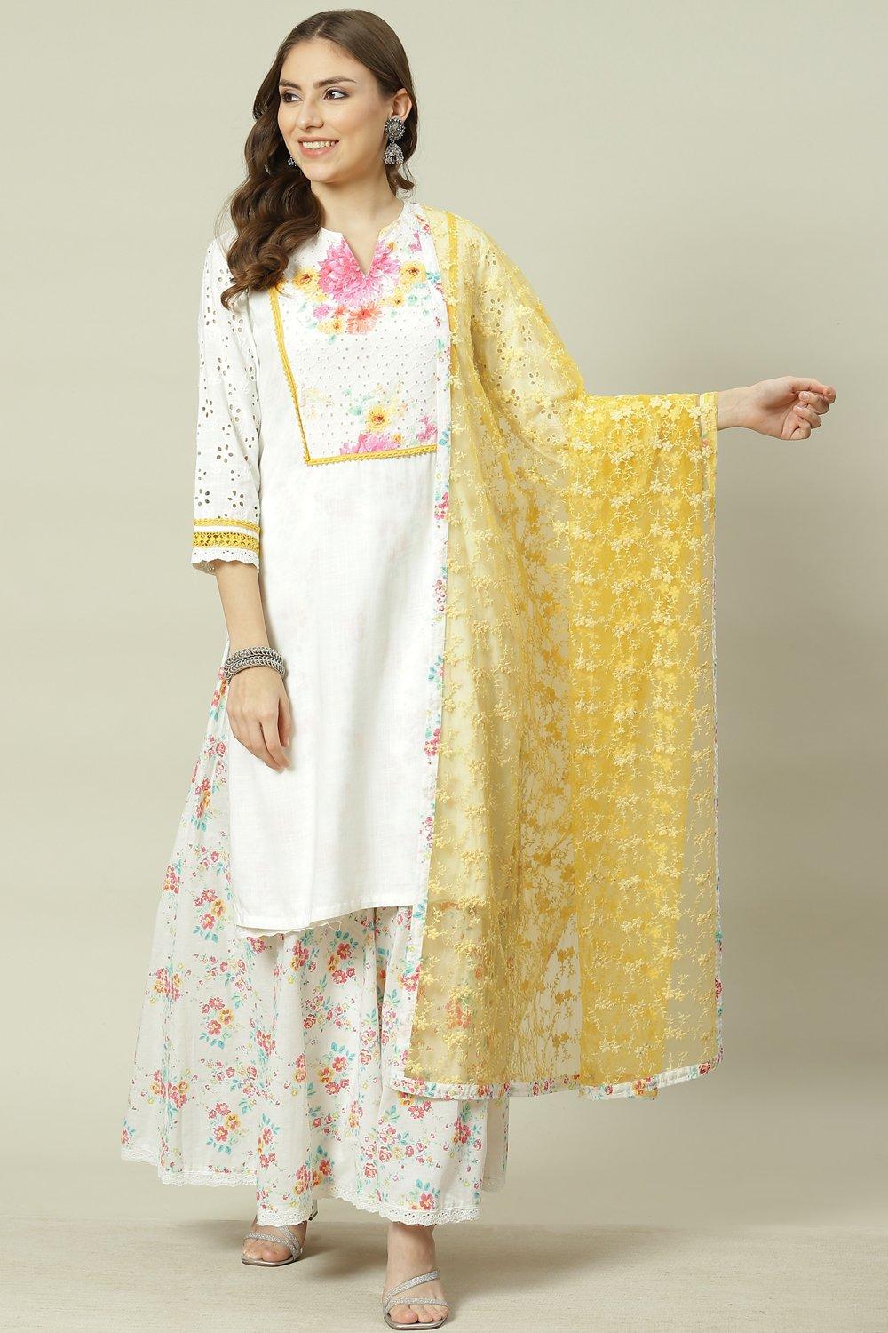 White Viscose Straight Kurta Sharara Suit Set image number 6