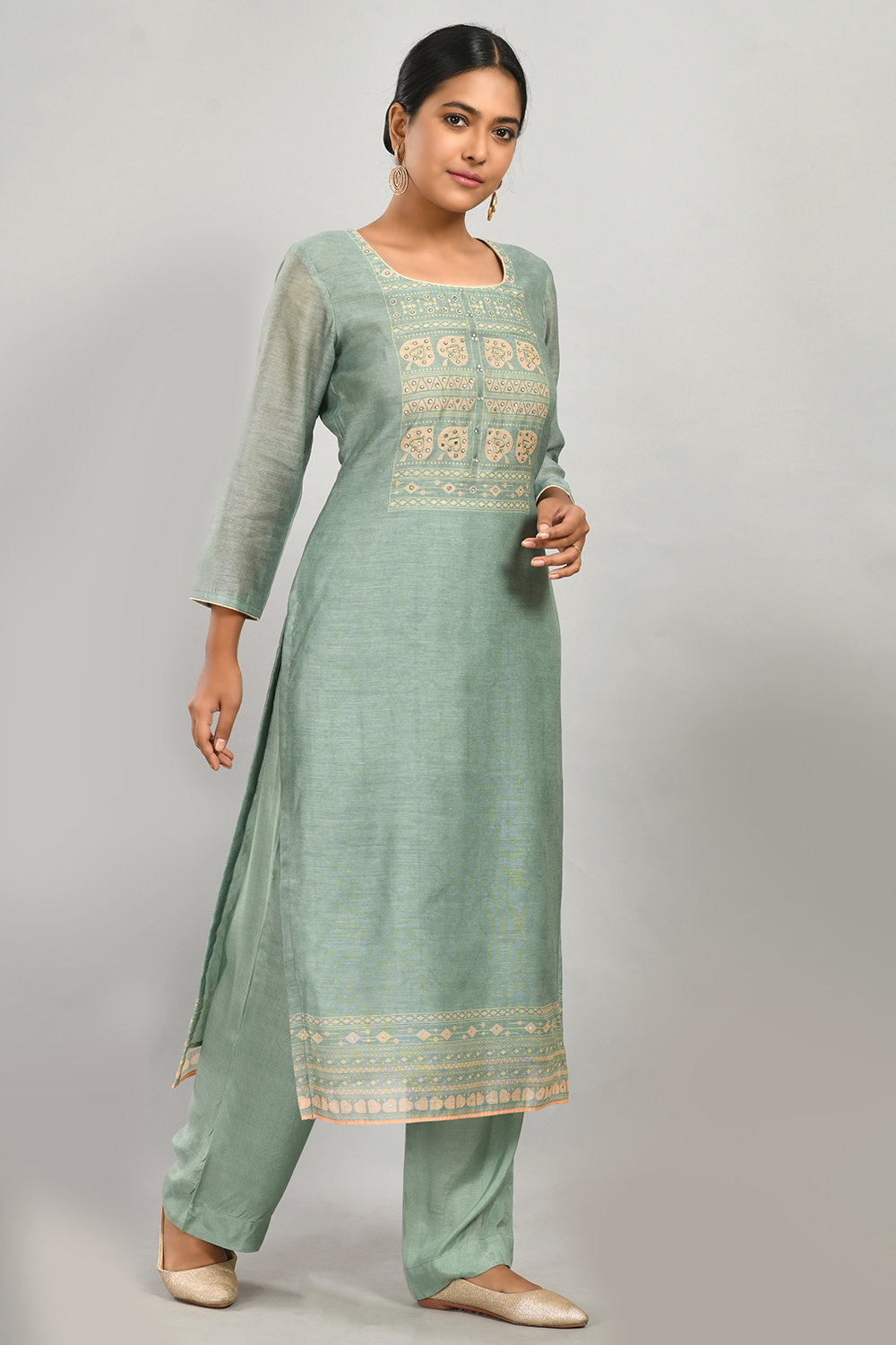 Green Cotton Blend Hand Embroidered Unstitched Suit Set image number 4