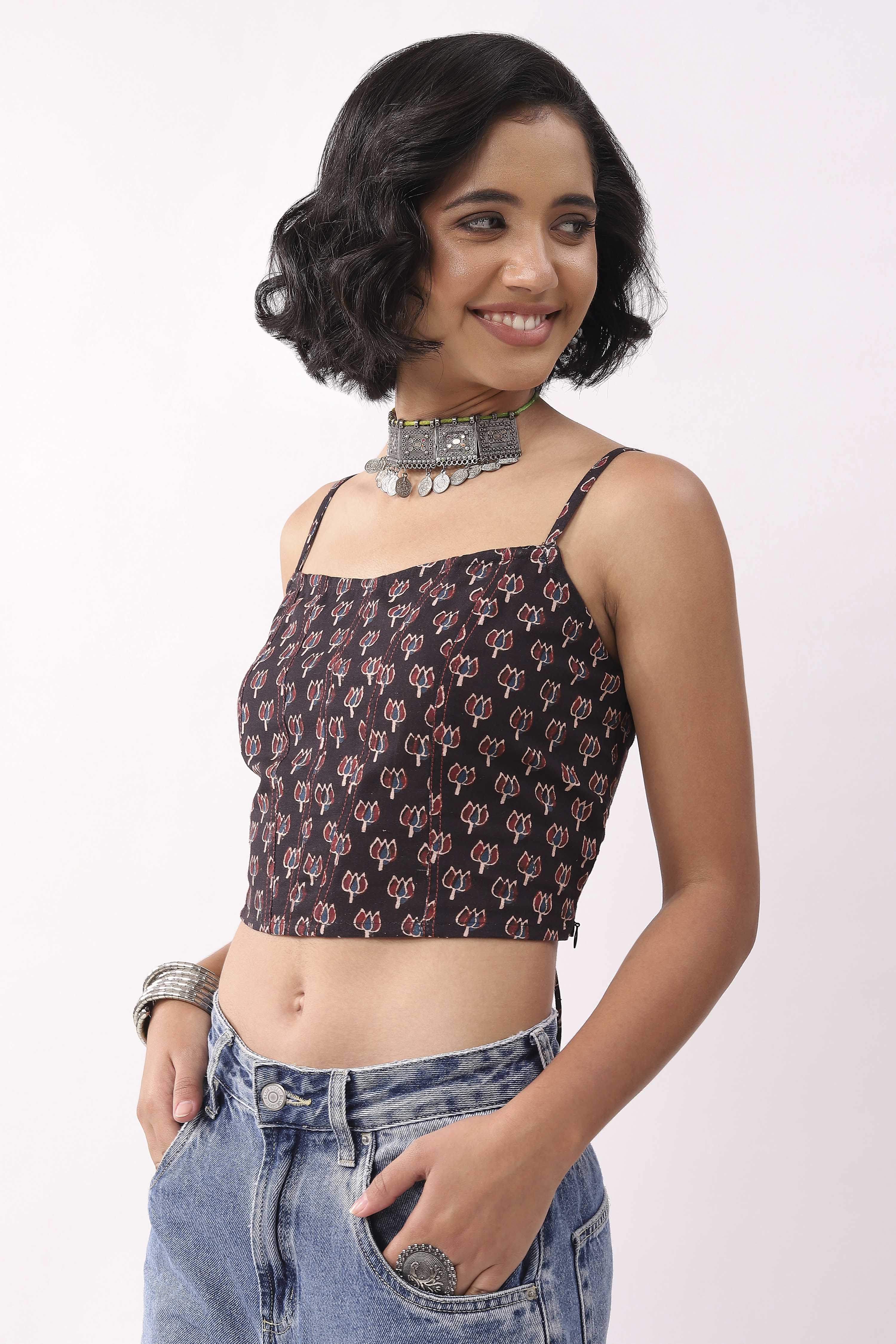 Black & Blue Cotton Floral Tie-Up Back Crop Top image number 2