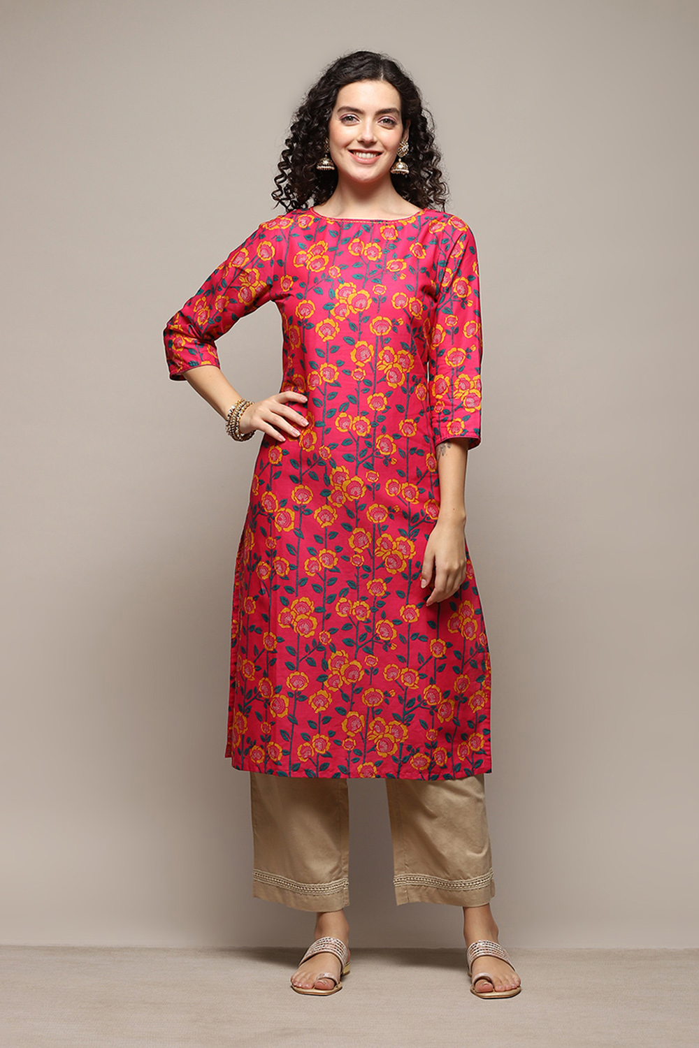 Fuchsia Cotton Straight Printed Kurta image number 5