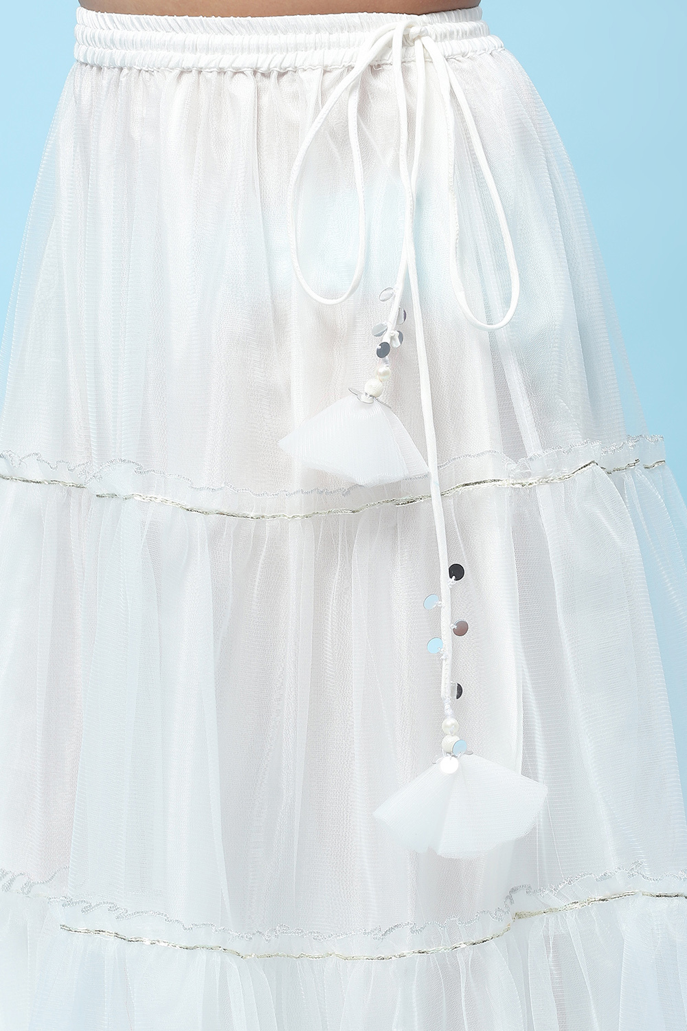 White Poly Chanderi Mirror Work Tiered Lehenga Set image number 2