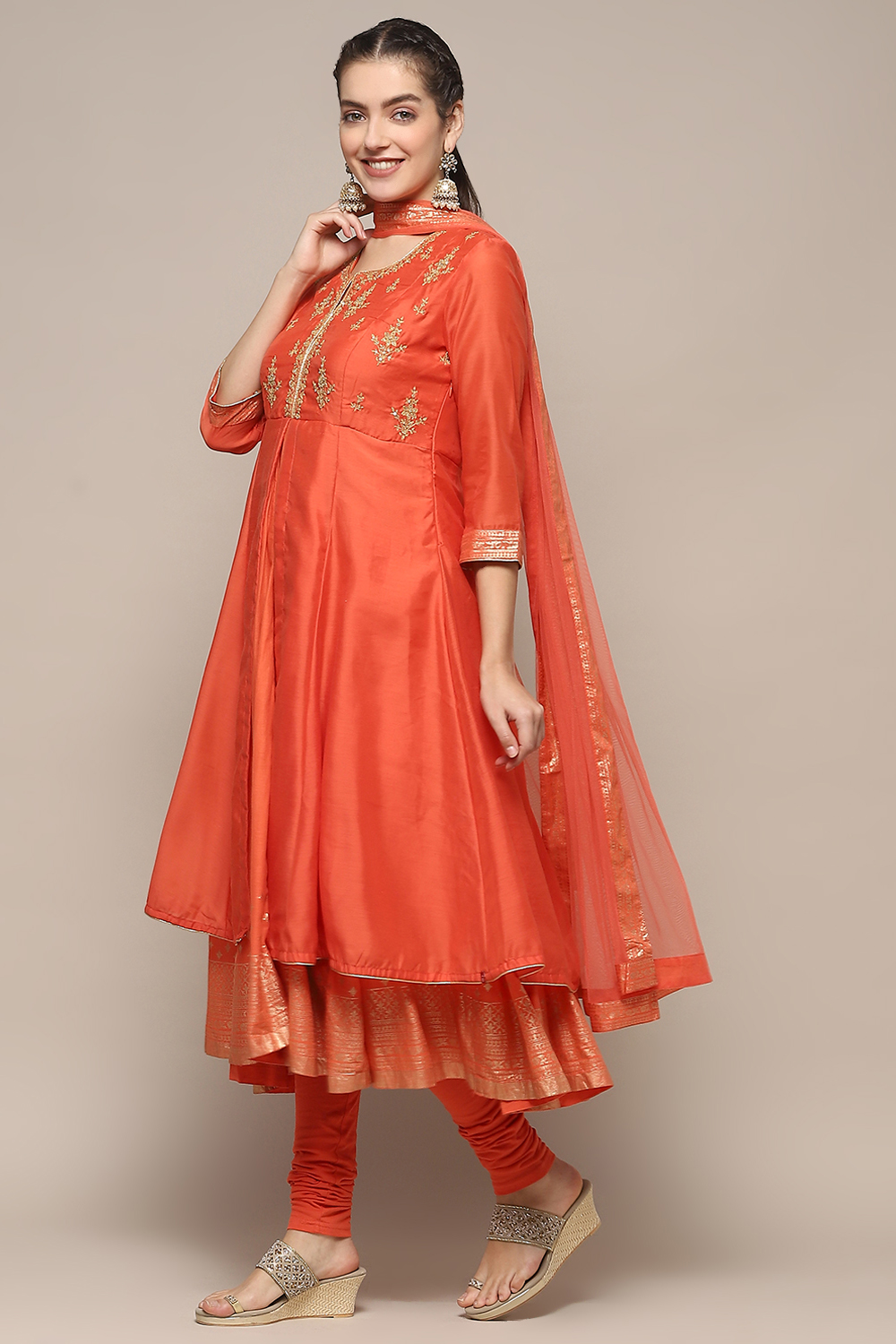 Red Nylon Anarkali Kurta Churidar Suit Set image number 4
