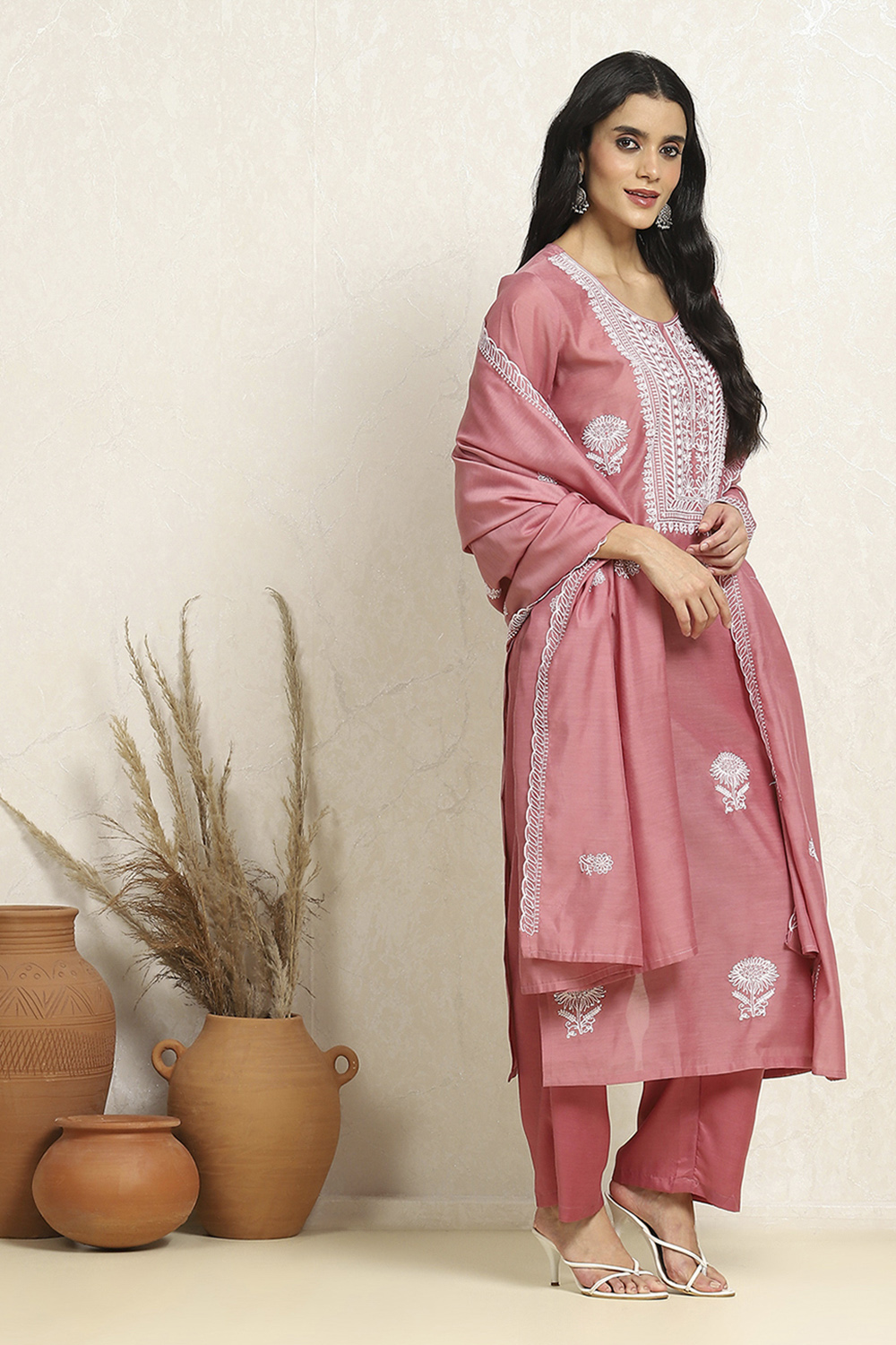Peach Chanderi Machine Embroidered Unstitched Suit Set image number 6