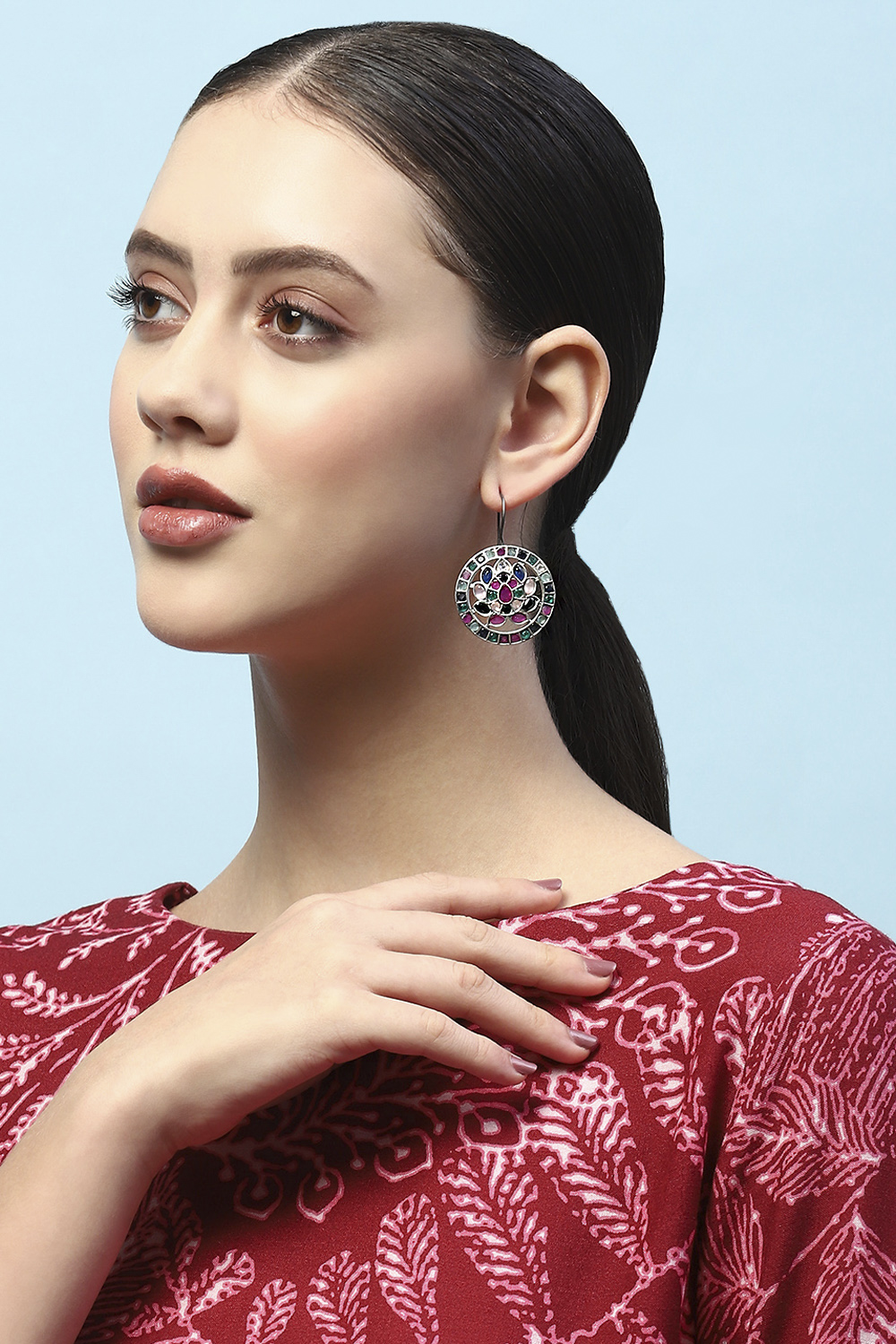 Multi-coloured Oxidised Navratan Circular Danglers image number 1