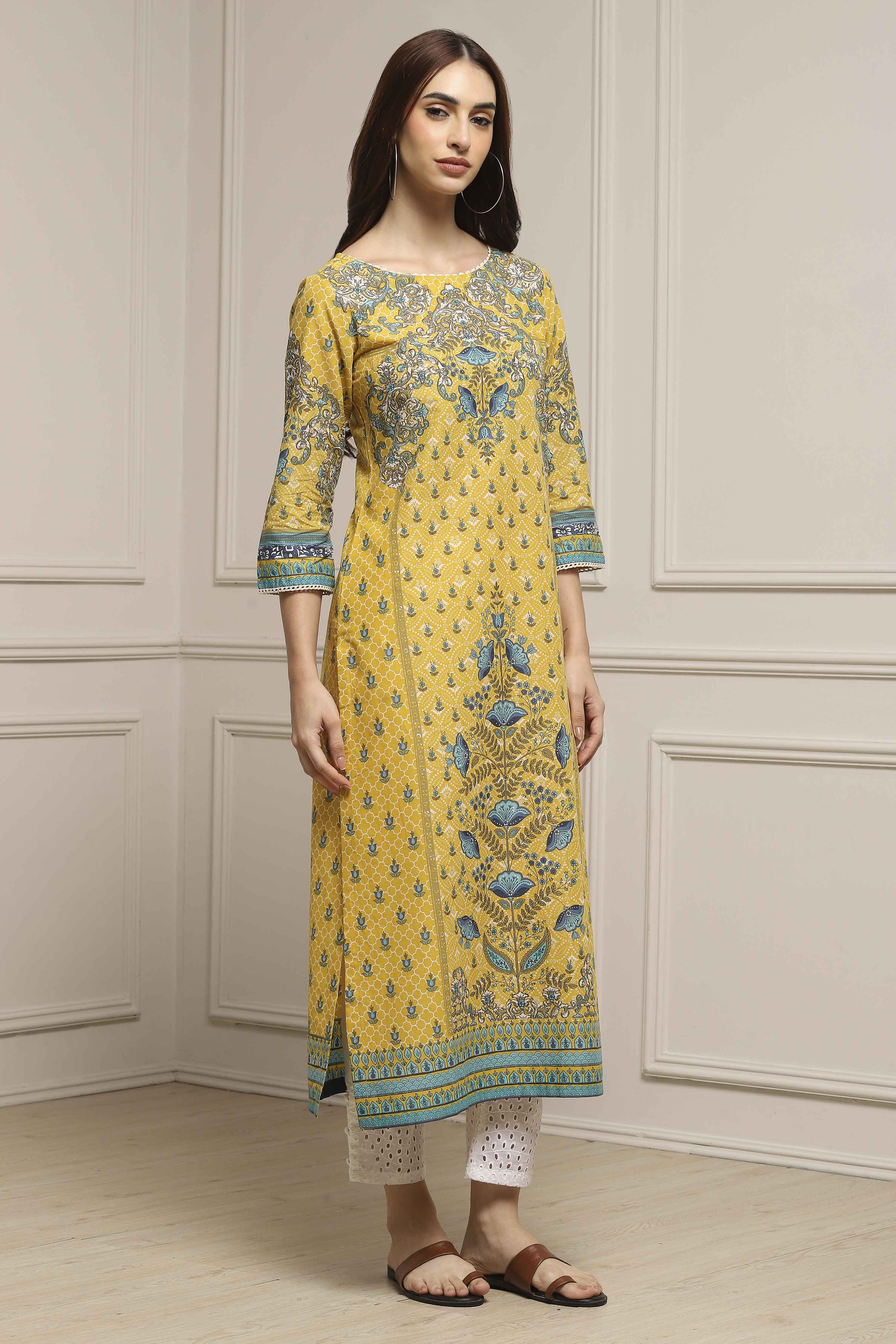 Yellow Cotton Printed Straight Kurta image number 4