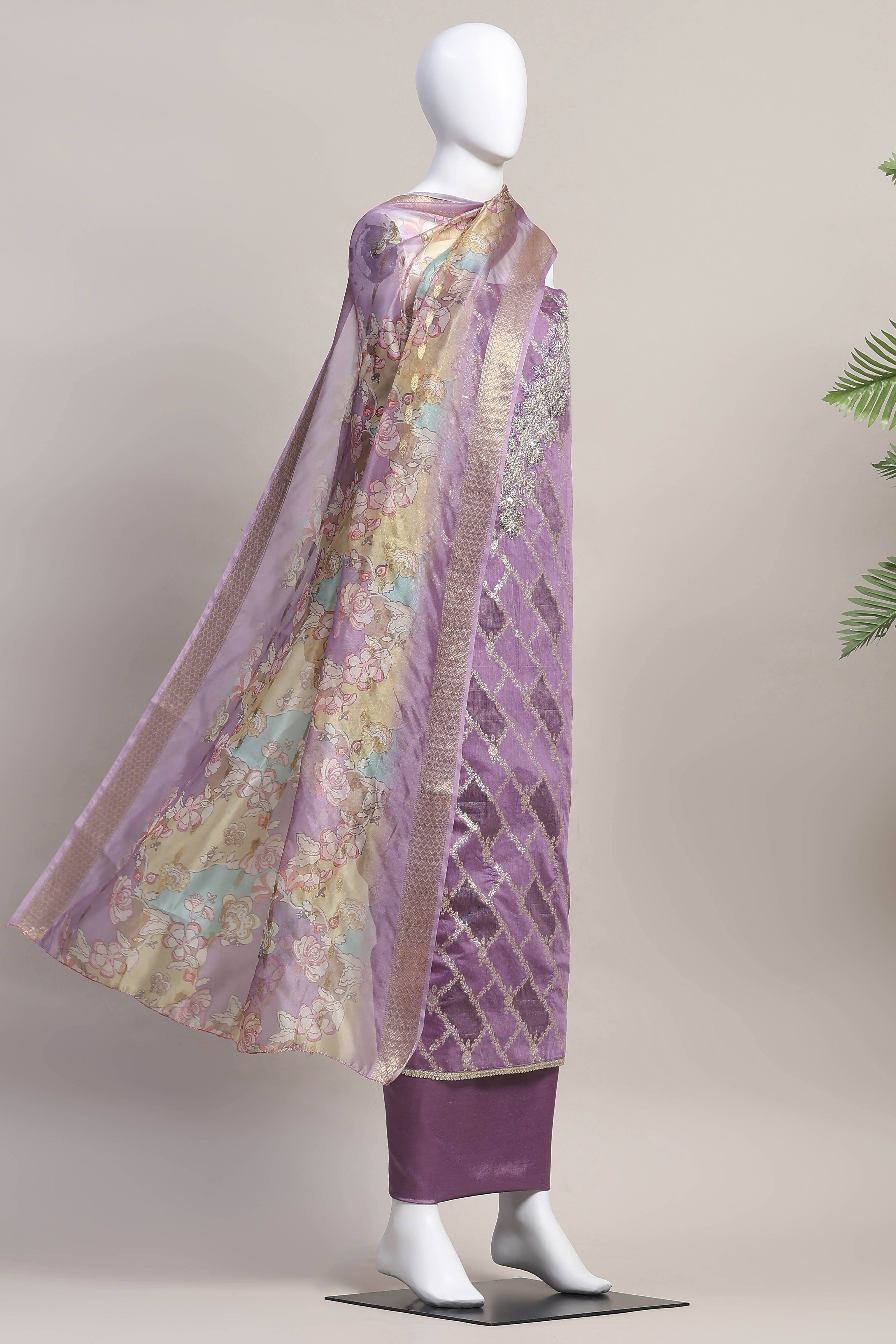 Blue Cotton Printed Embroidered Unstitched Suit Set image number 4