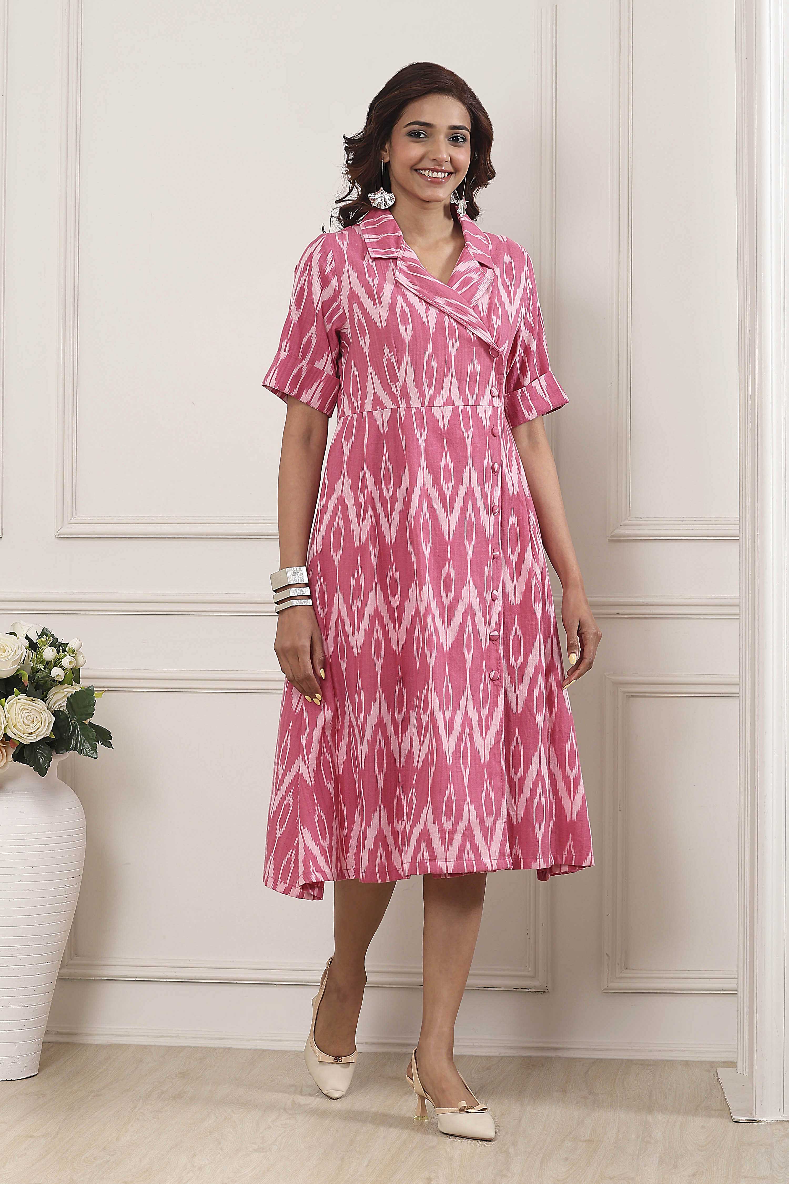 Pink Cotton Ikat Printed Flared Dress image number 4