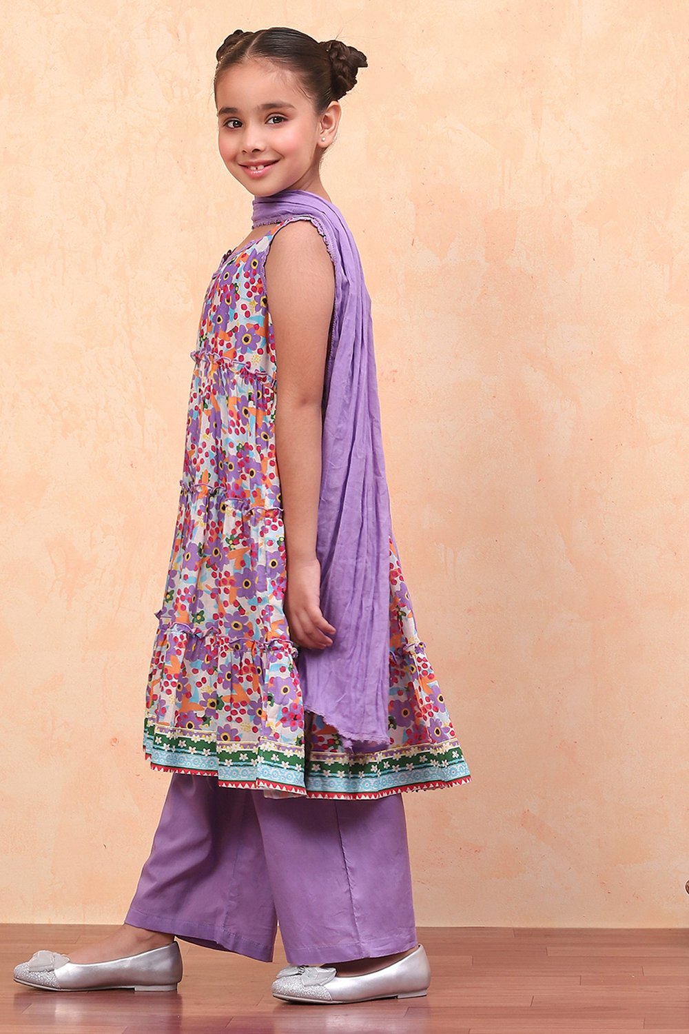 Coral Pure Cotton Floral Printed Tiered Suit Set image number 3