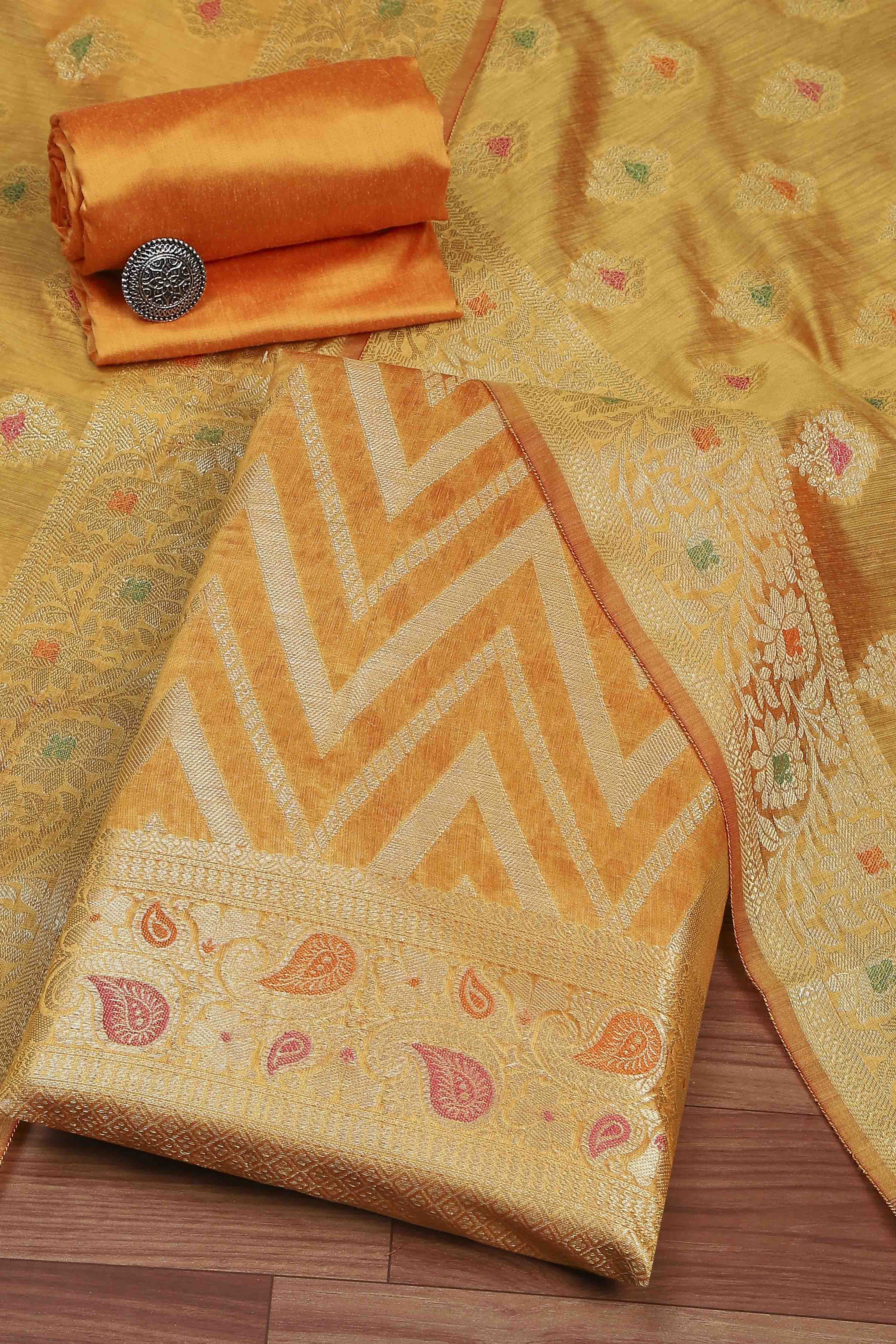 Hot Pink Poly Cotton Banarasi Unstitched Suit Set image number 0