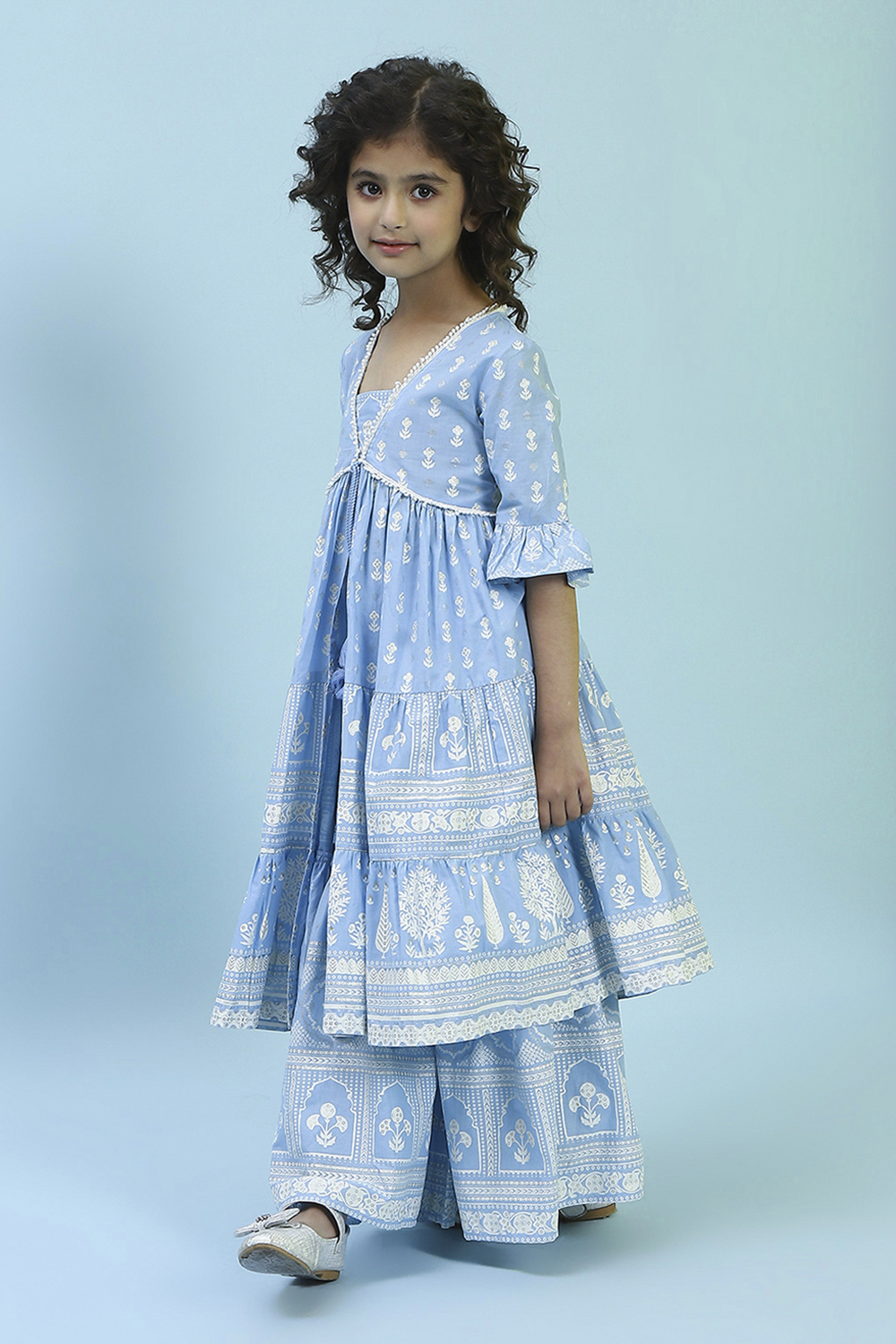 Powder Blue Cotton Tiered Kurta Set image number 3