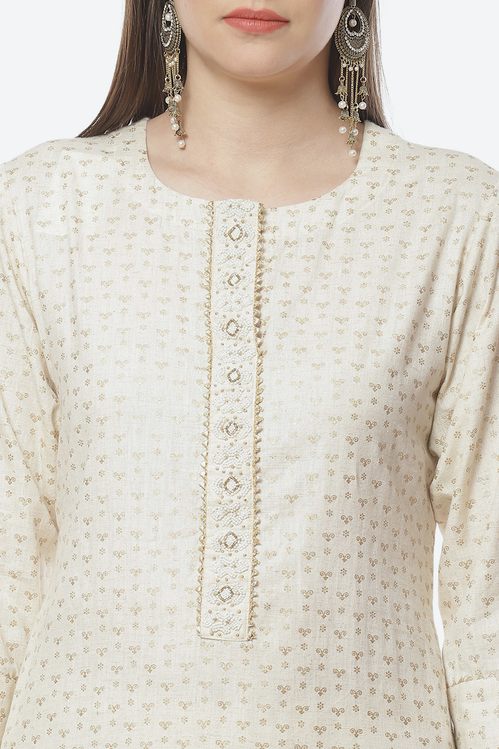 Off White Cotton Hand Block Print Unstitched Suit Set image number 1
