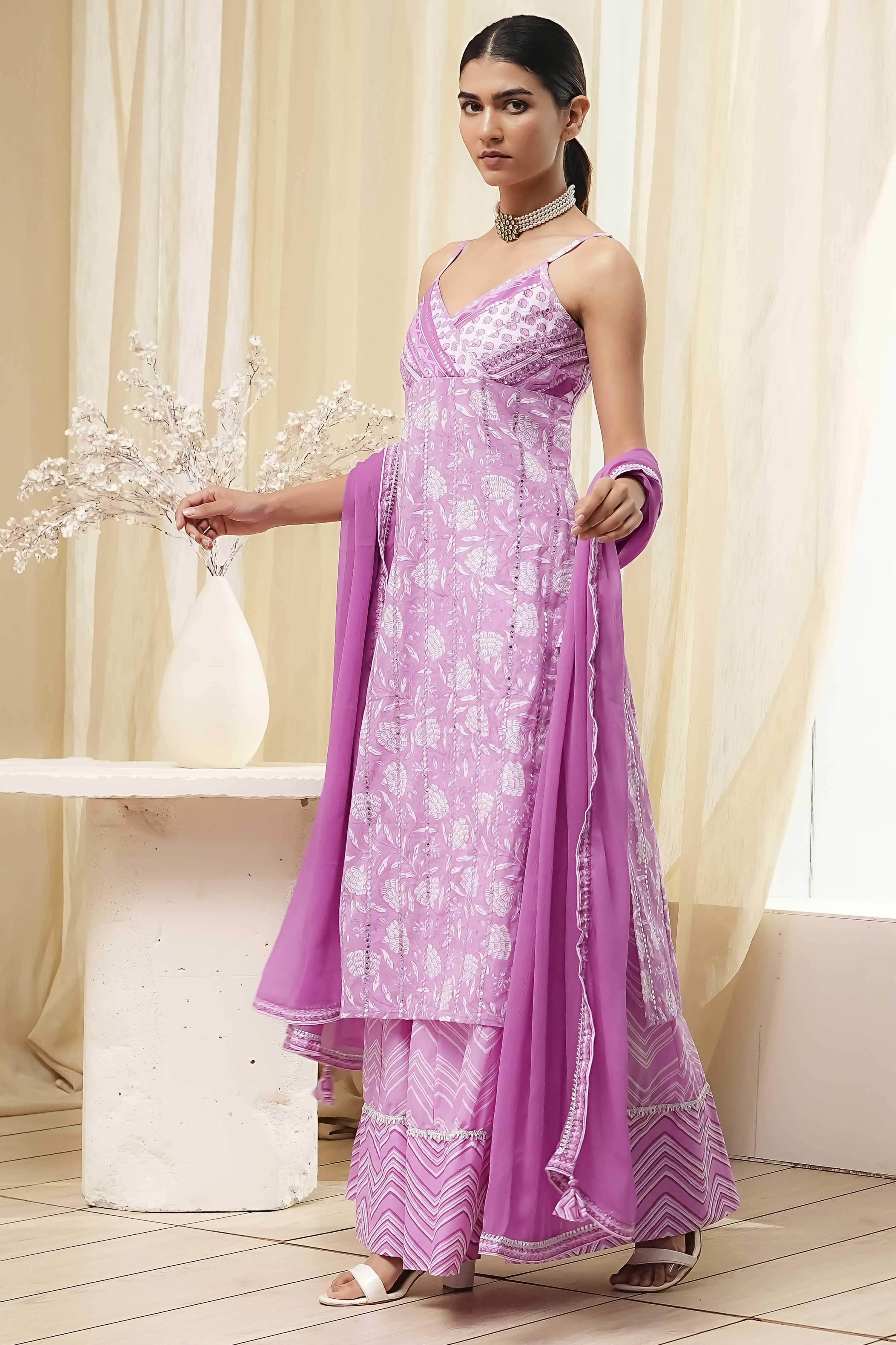 Pink Cotton Floral Strappy Straight Suit Set image number 3