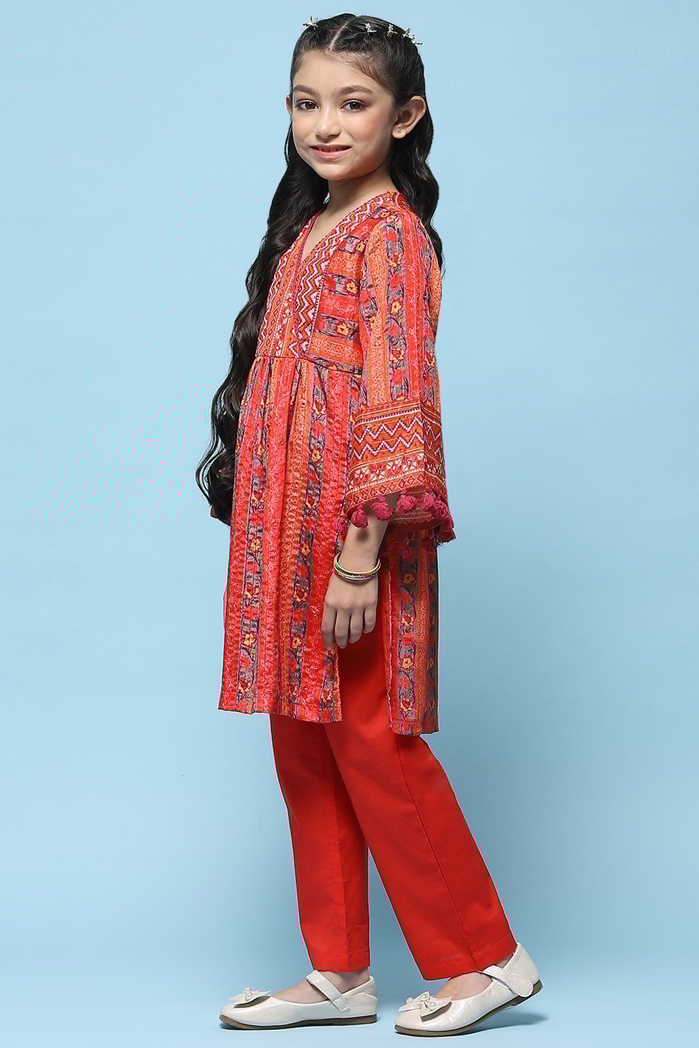 Red Polyester Flared Printed 2 Piece Set image number 3