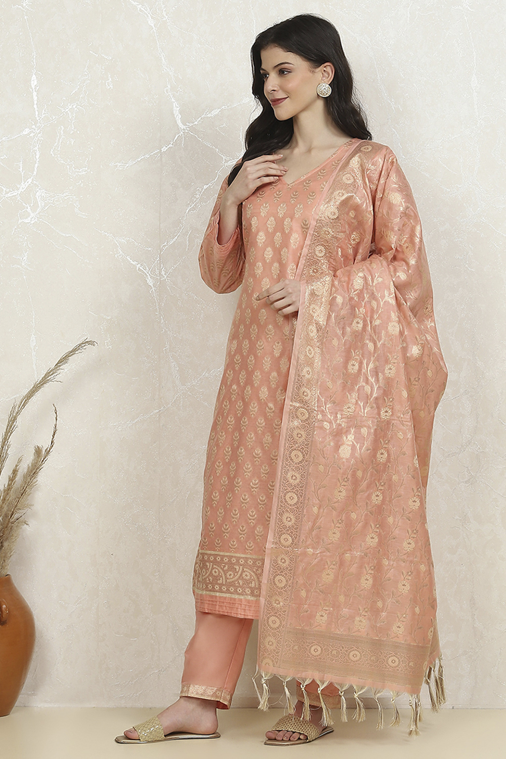 Peach Cotton Printed Embroidered Unstitched Suit Set image number 4